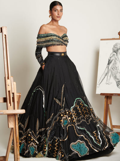 Noir Swirlscent Encrusted Lehenga With Cascading Glass Beads Blouse