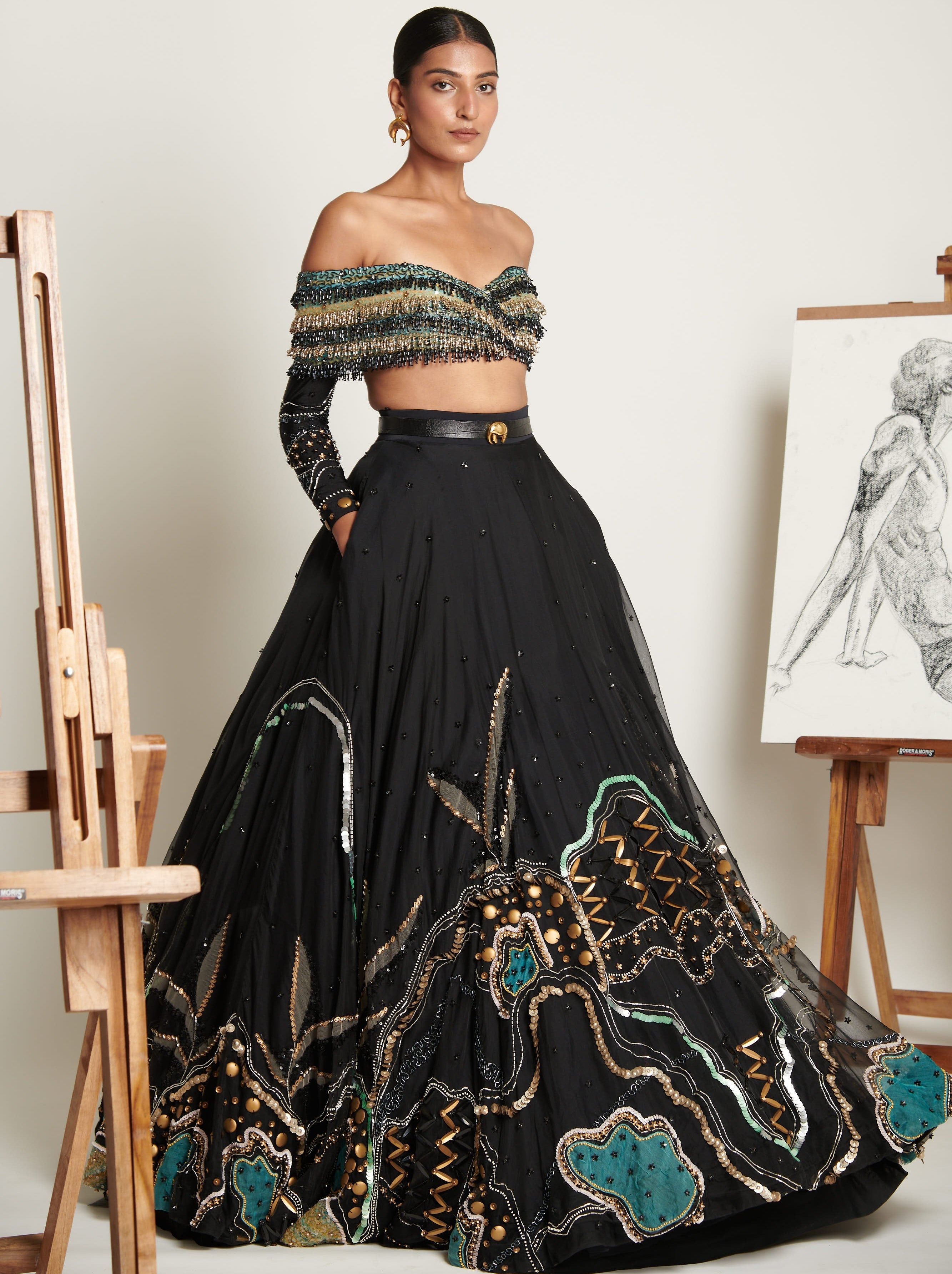 Noir Swirlscent Encrusted Lehenga With Cascading Glass Beads Blouse