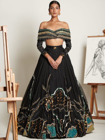 Noir Swirlscent Encrusted Lehenga With Cascading Glass Beads Blouse