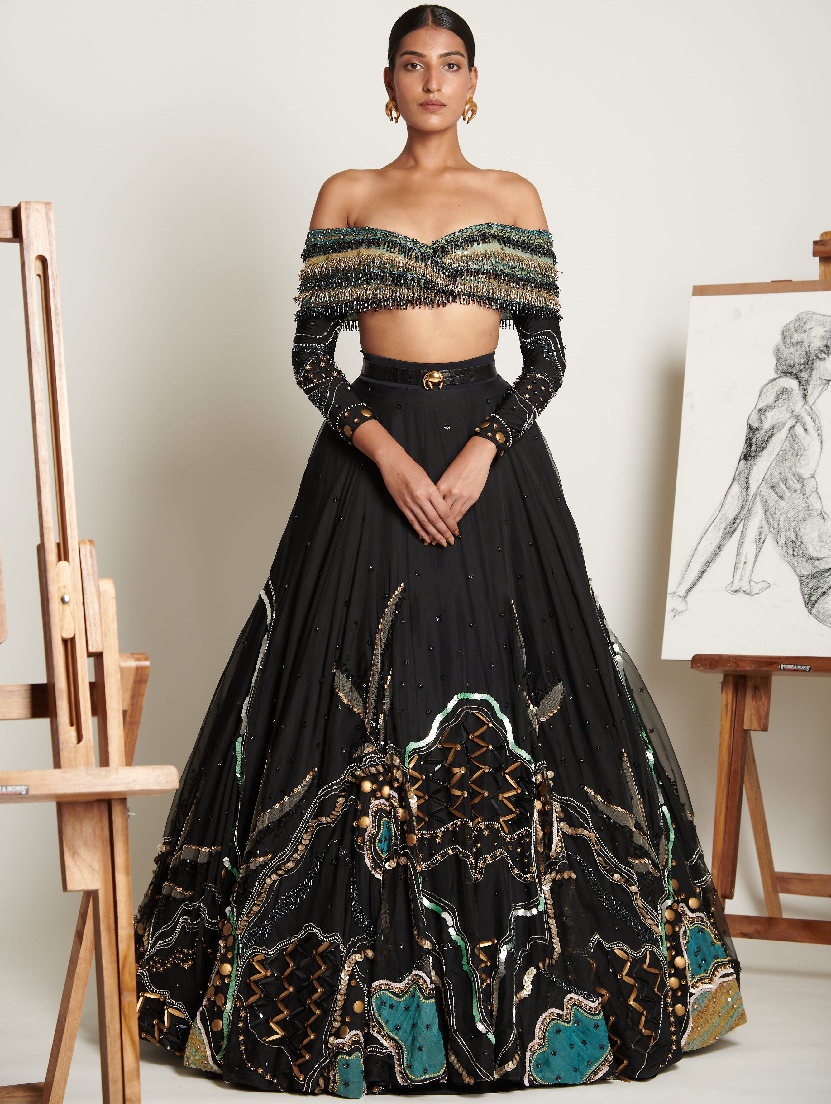 Noir Swirlscent Encrusted Lehenga With Cascading Glass Beads Blouse