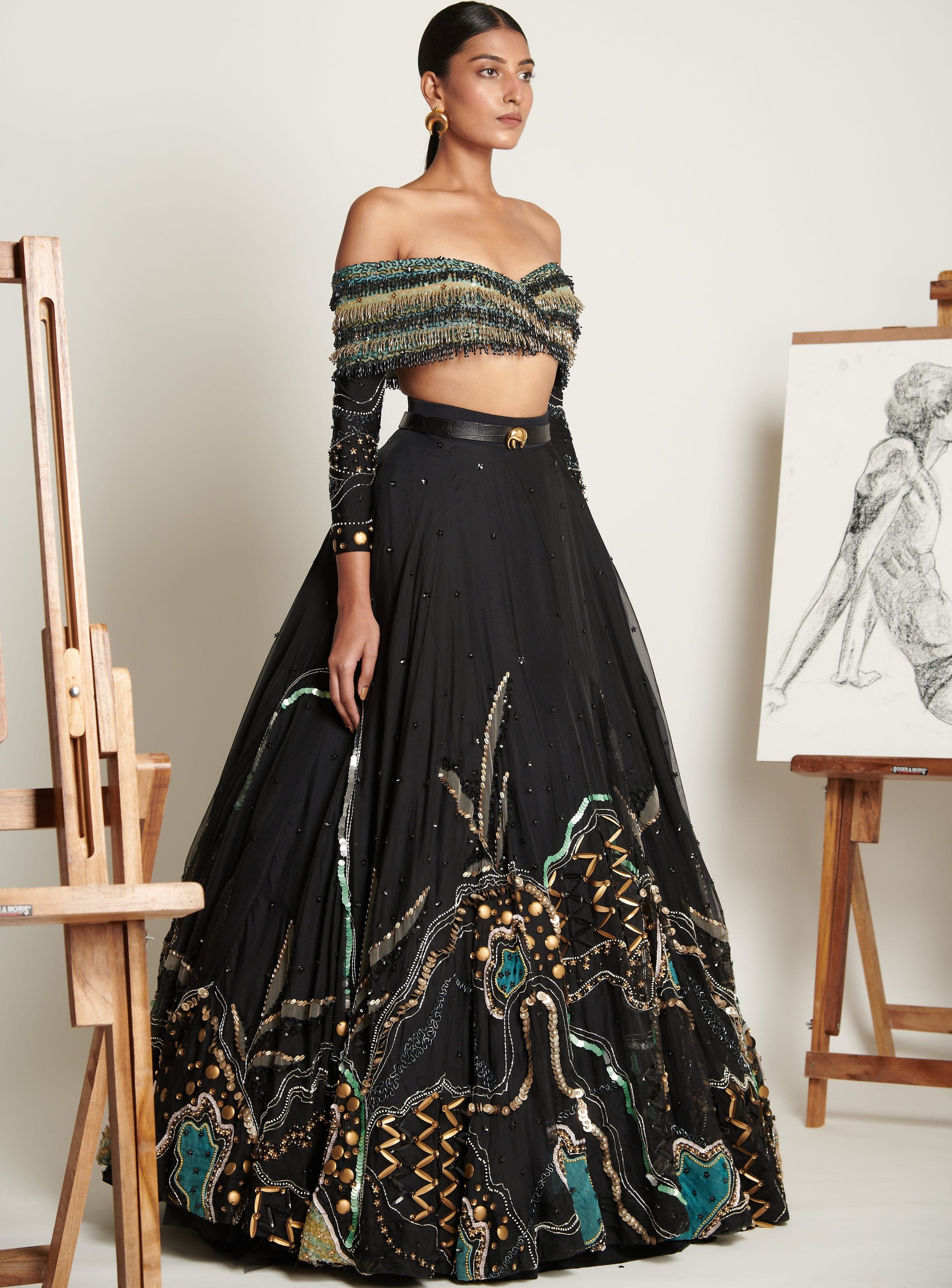 Noir Swirlscent Encrusted Lehenga With Cascading Glass Beads Blouse
