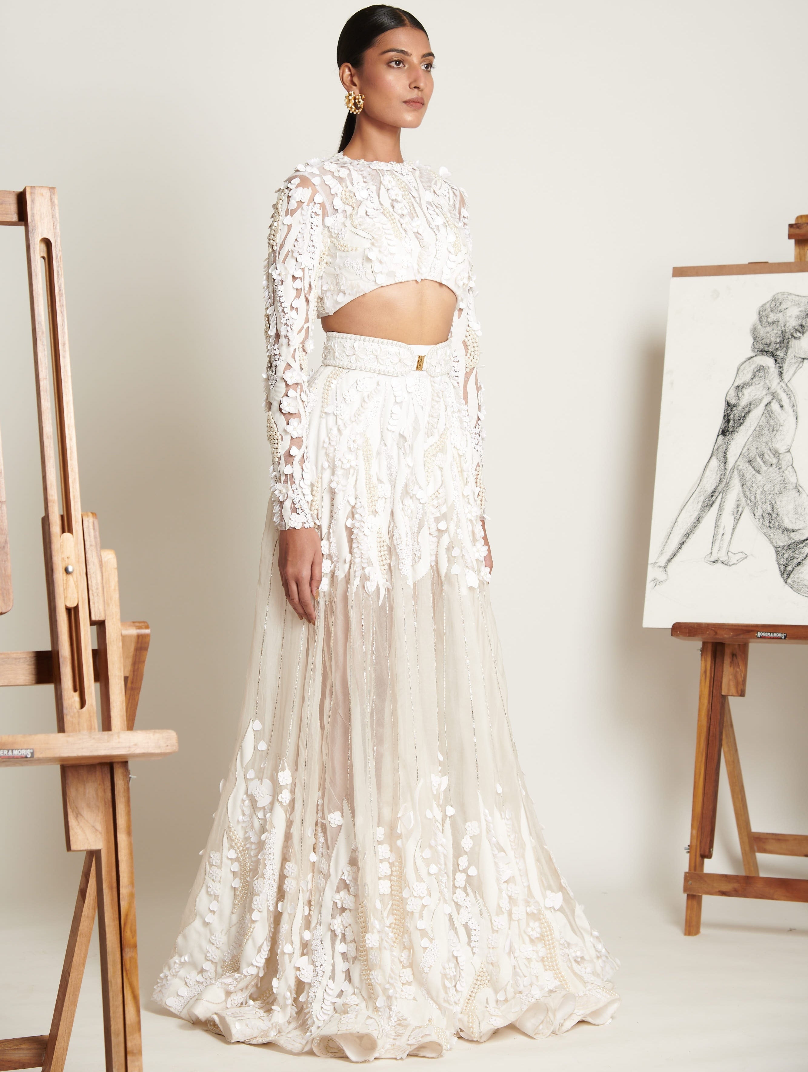 Ecru Floral Applique Blouse With Pearl Opalescent Lehenga