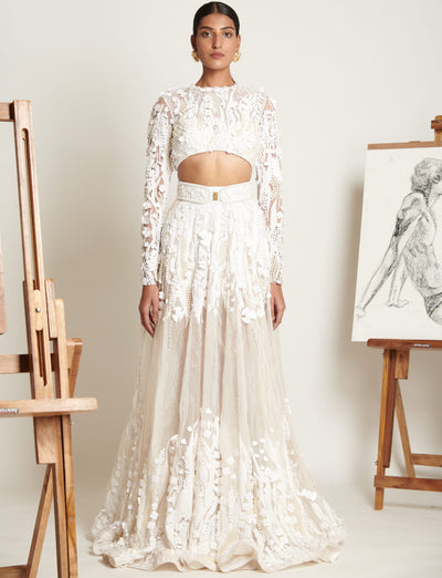 Ecru Floral Applique Blouse With Pearl Opalescent Lehenga