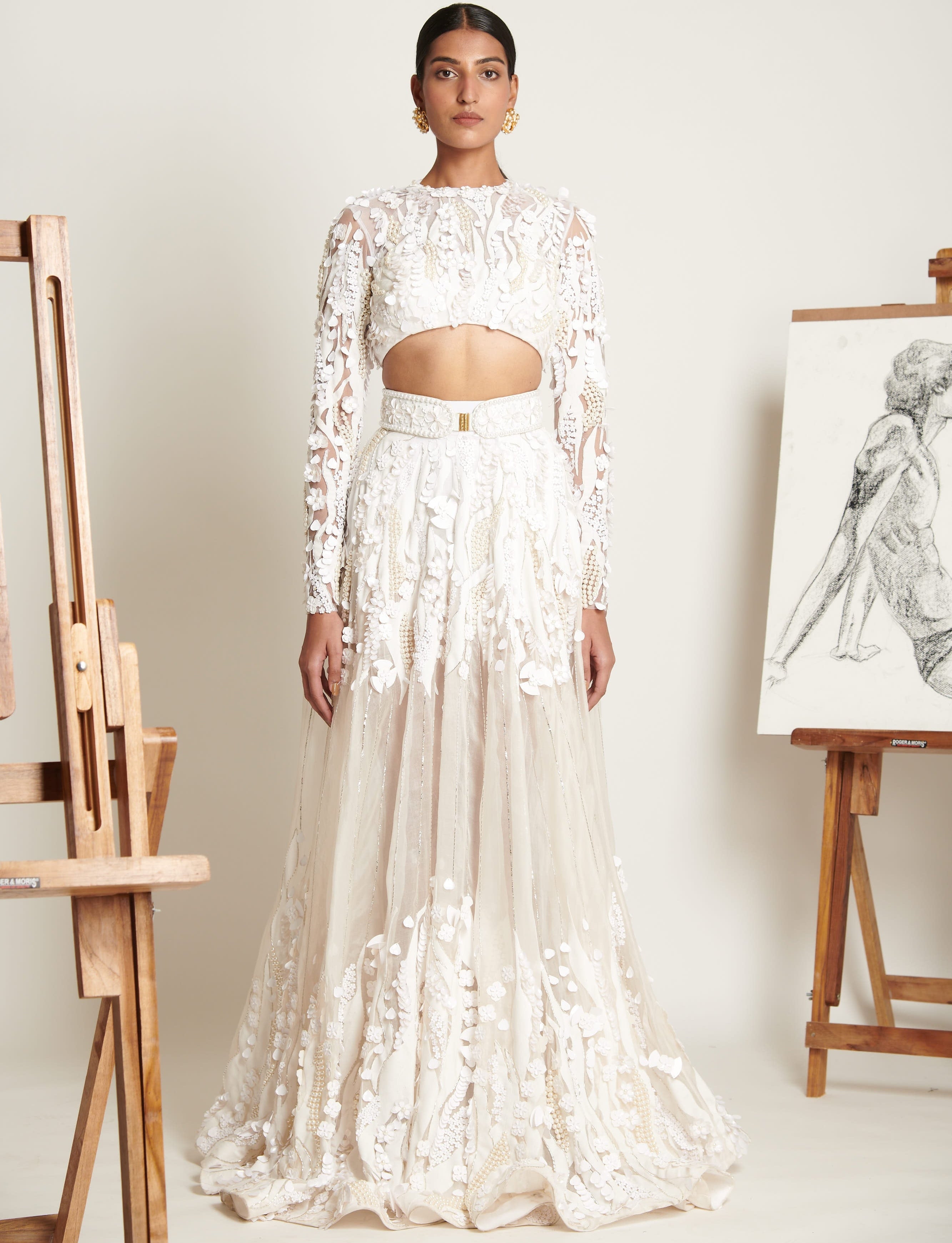 Ecru Floral Applique Blouse With Pearl Opalescent Lehenga