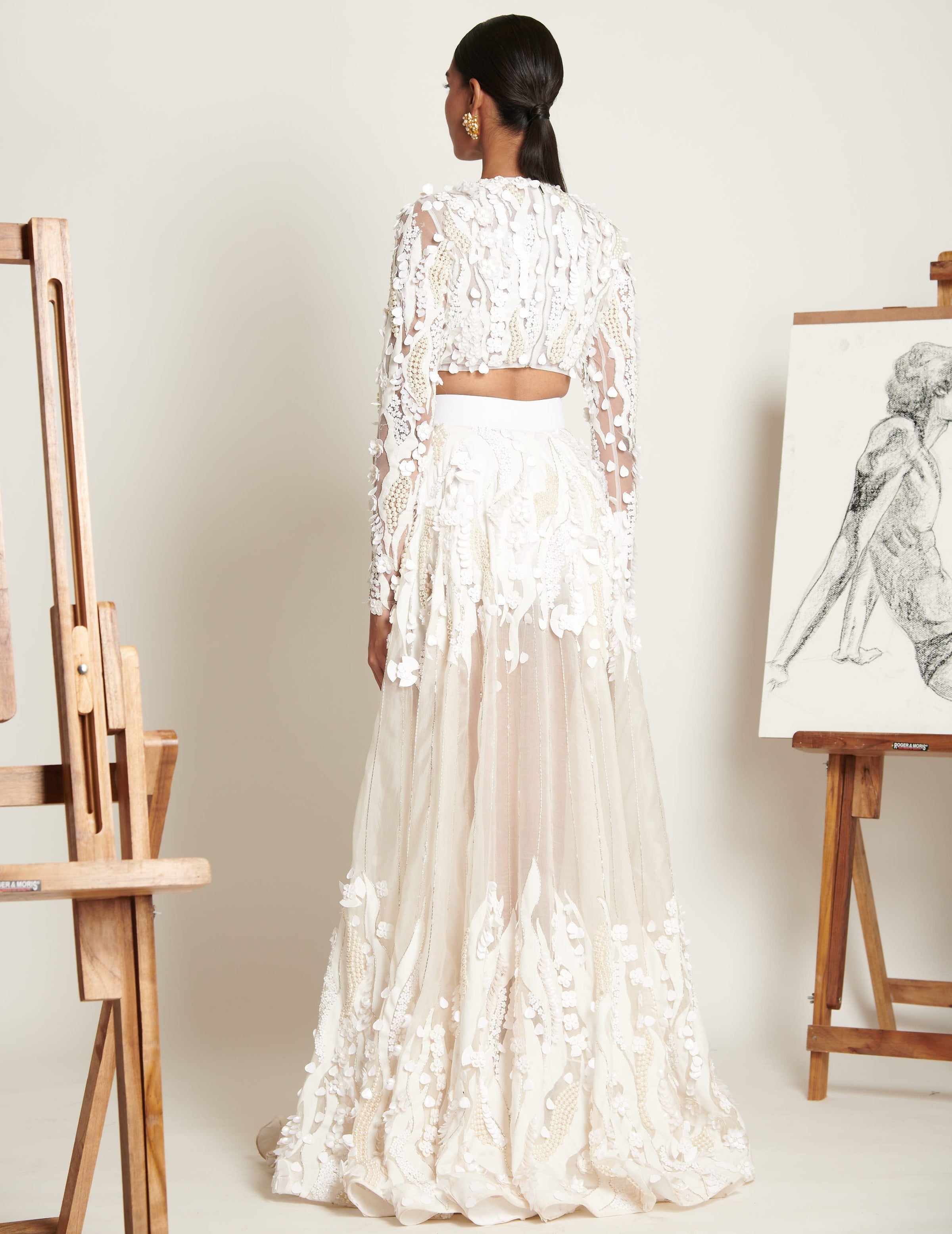 Ecru Floral Applique Blouse With Pearl Opalescent Lehenga