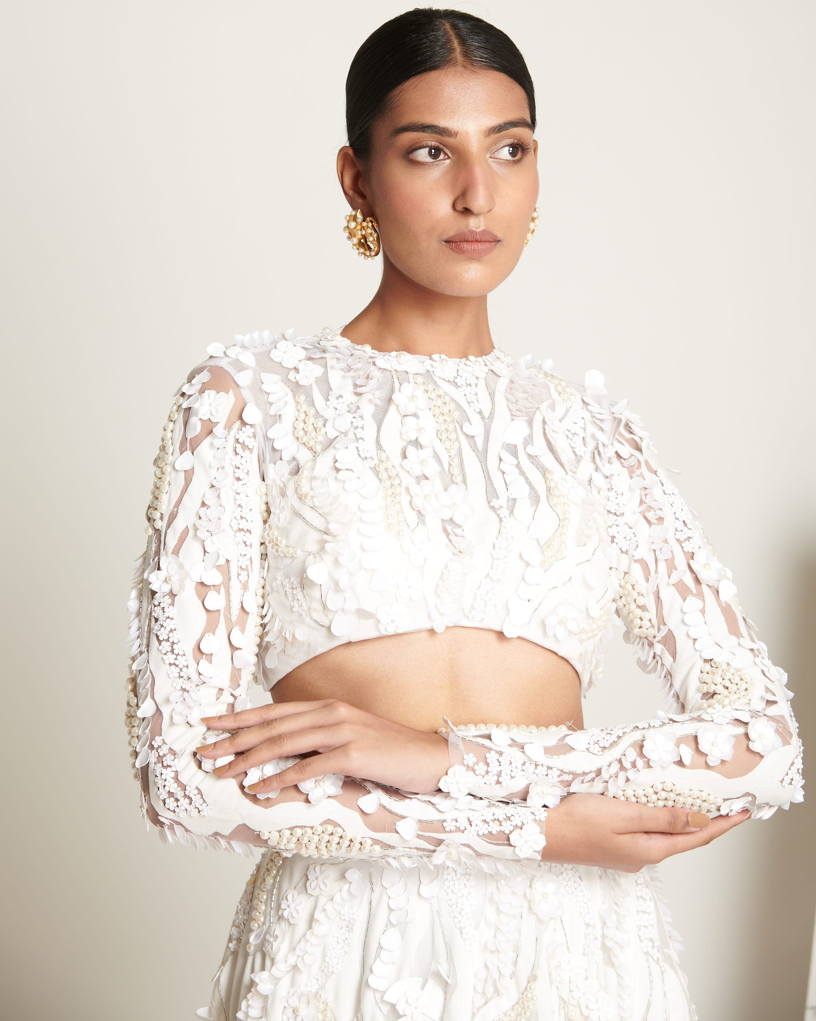 Ecru Floral Applique Blouse With Pearl Opalescent Lehenga