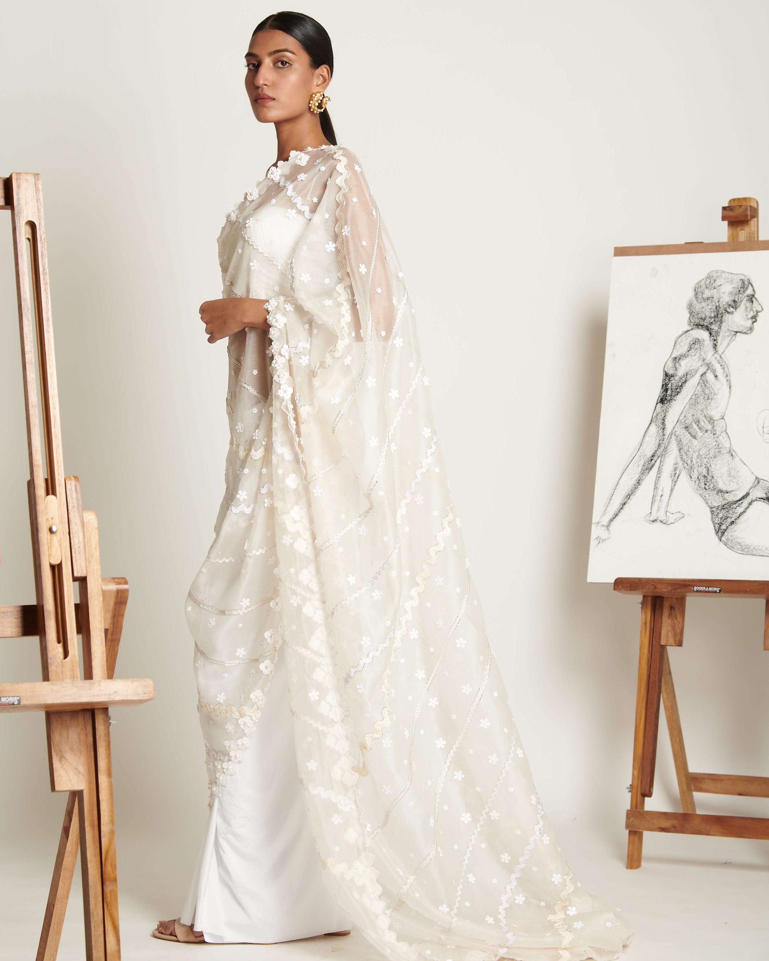 Ecru Floret Applique Tailored Sari With Ruched Bustier