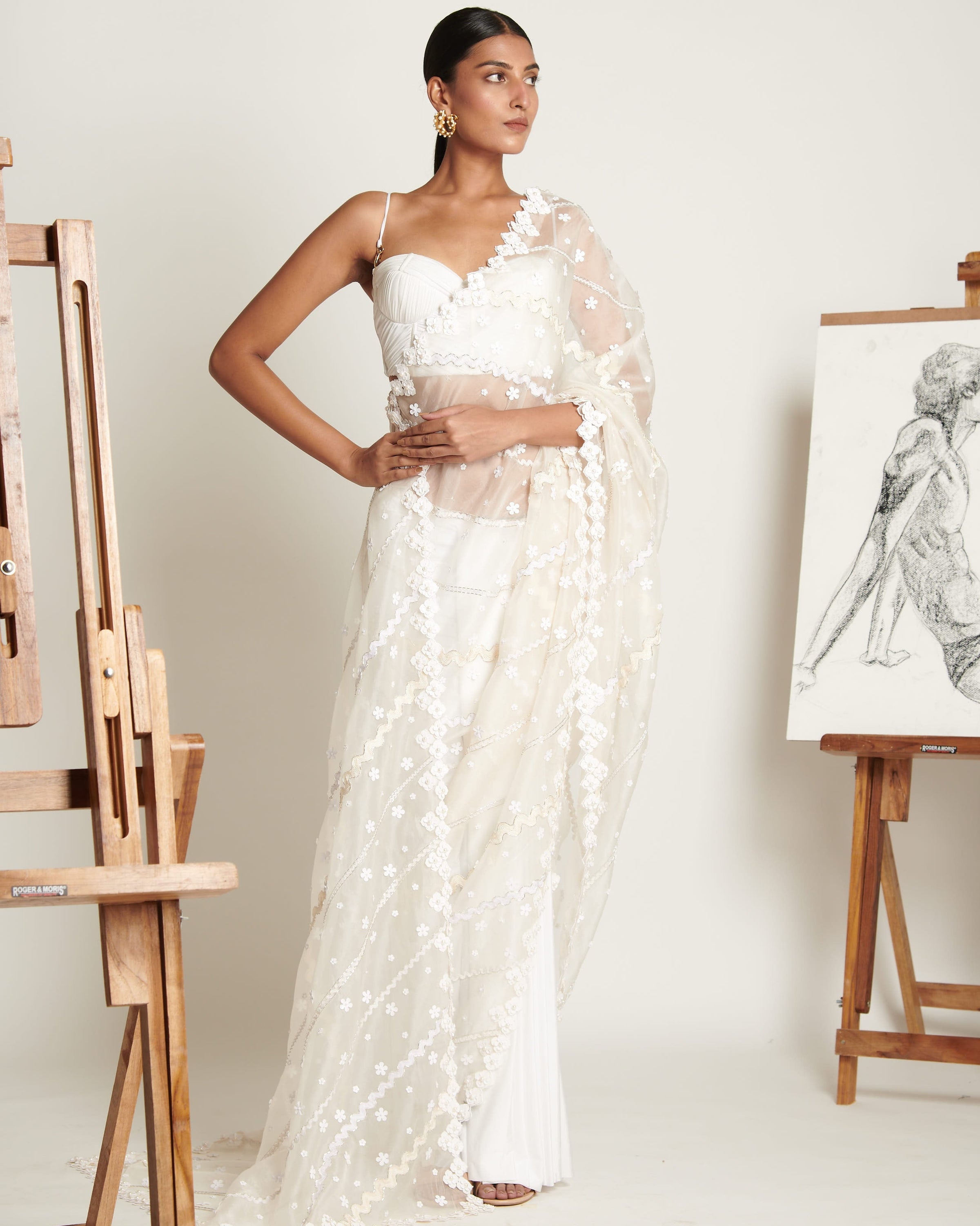 Ecru Floret Applique Tailored Sari With Ruched Bustier