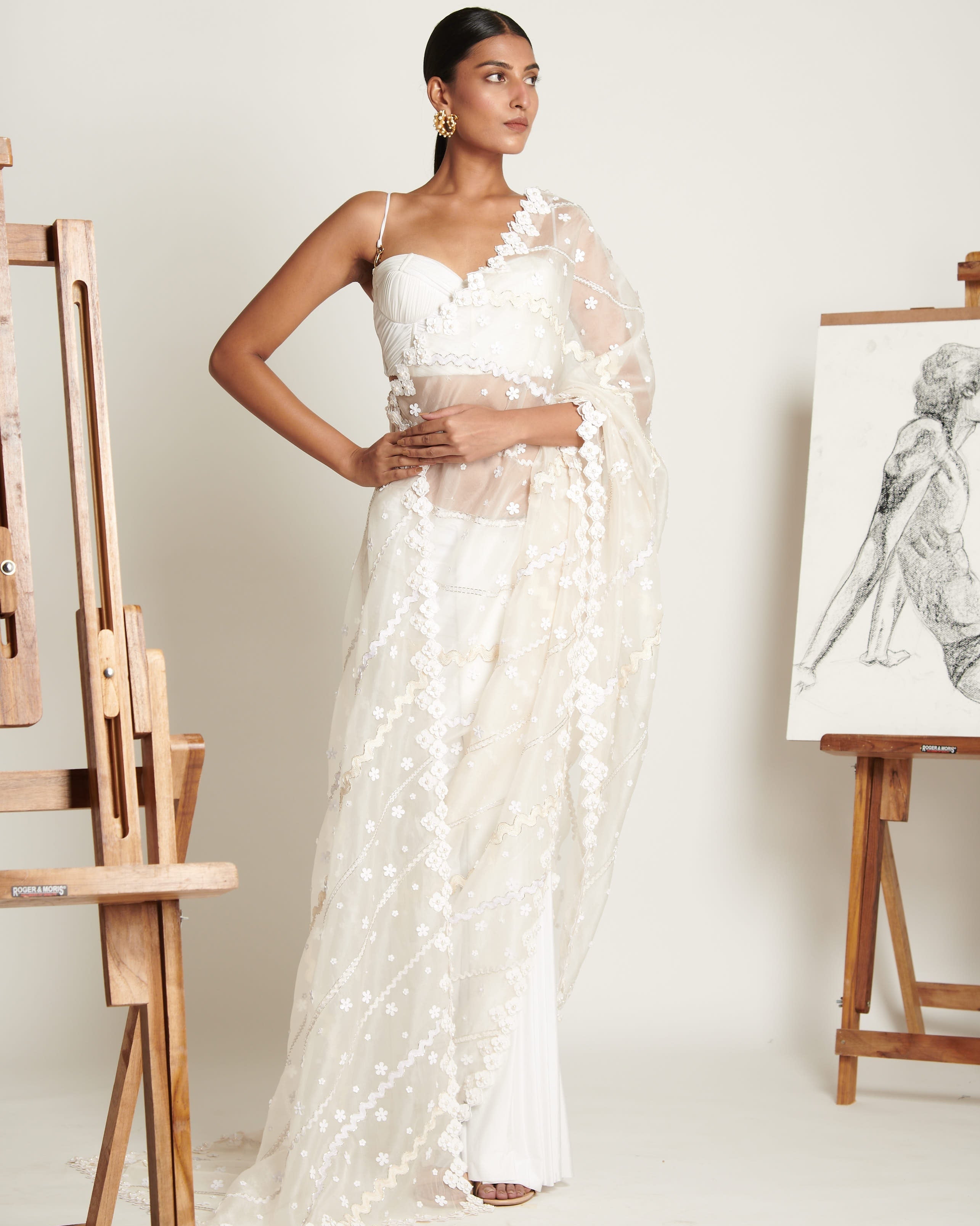 Ecru Floret Applique Tailored Sari With Ruched Bustier