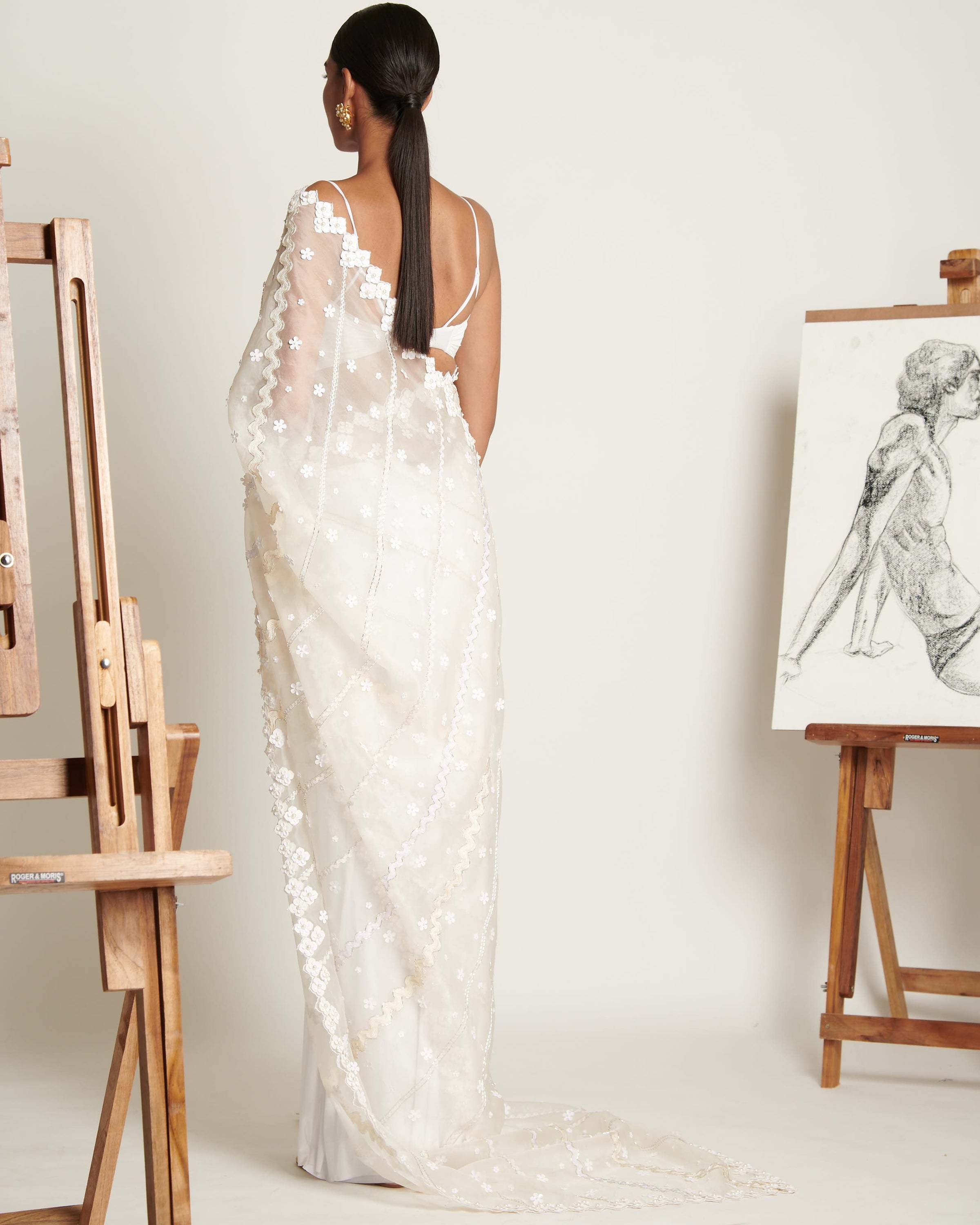 Ecru Floret Applique Tailored Sari With Ruched Bustier