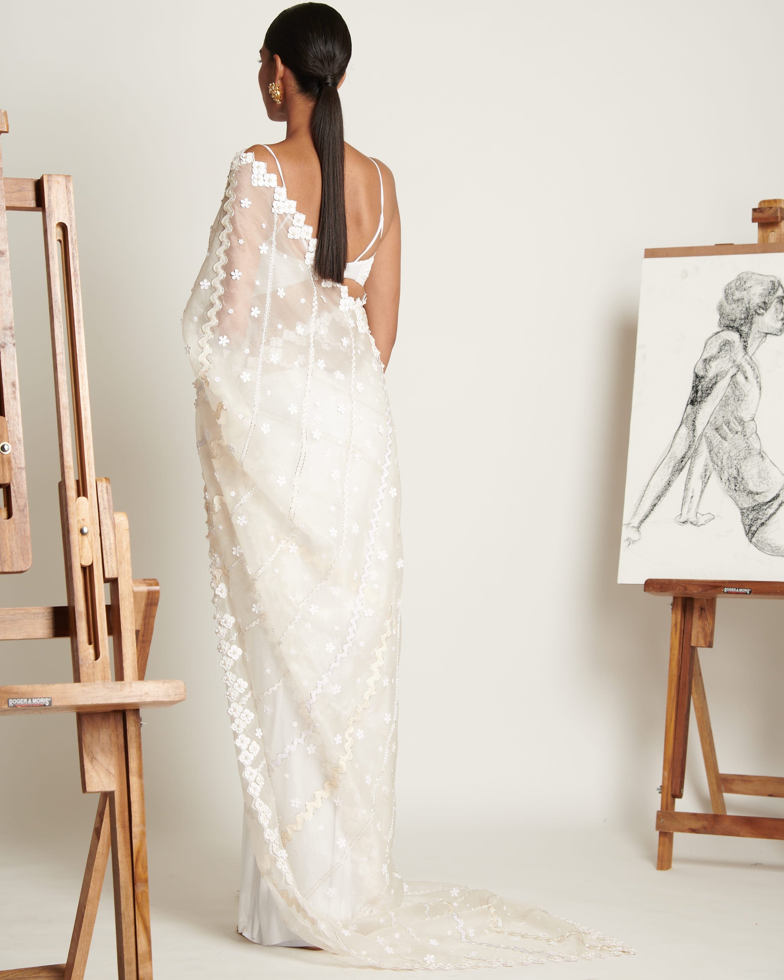 Ecru Floret Applique Tailored Sari With Ruched Bustier