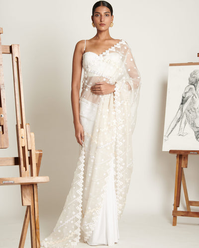 Ecru Floret Applique Tailored Sari With Ruched Bustier