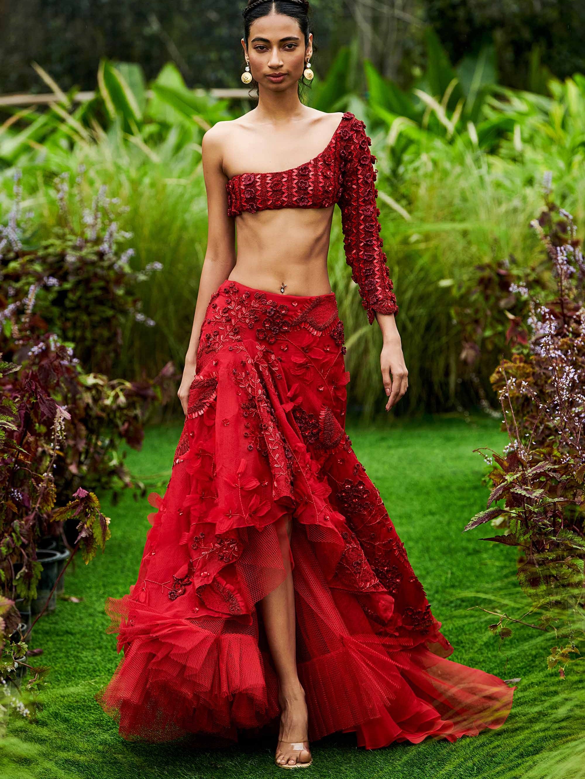 Vermillion Asymmetric Florescence Lehenga With Sequined Chevron Blouse