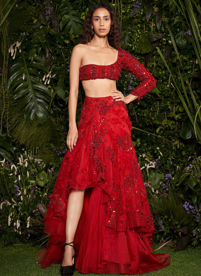 Vermillion Asymmetric Florescence Lehenga With Sequined Chevron Blouse
