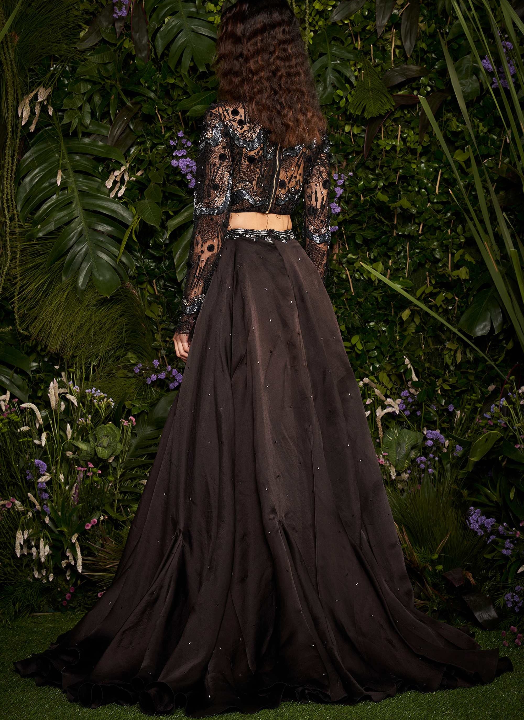 Noir Lattice Serpentine Blouse With Asymmetrical Skirt