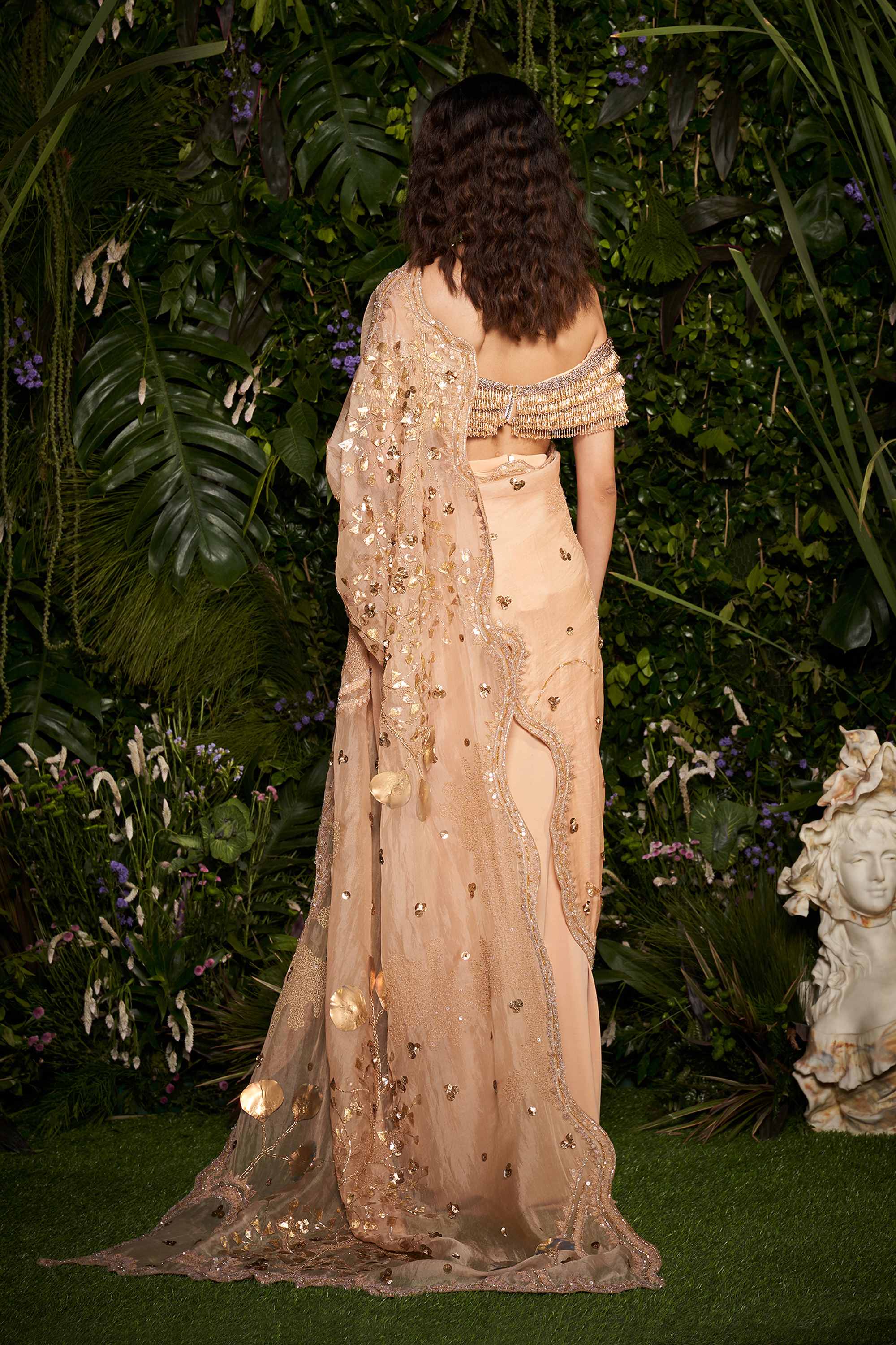 Champagne Foliage Scallop Tailored Sari With Cascading Bead Blouse