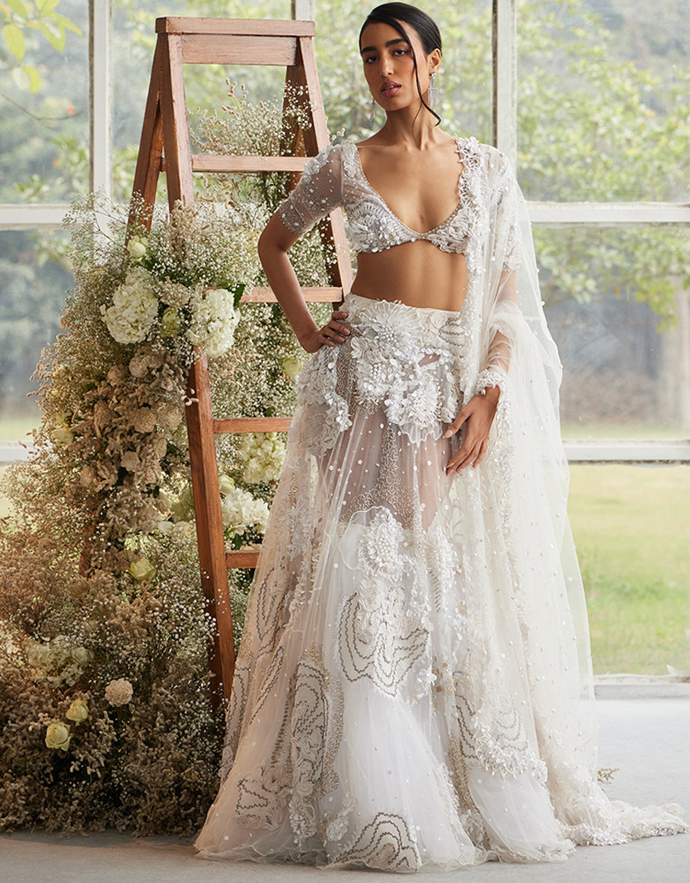 Ecru Iridescent Bloom Lehenga With Pearl Encrusted Veil