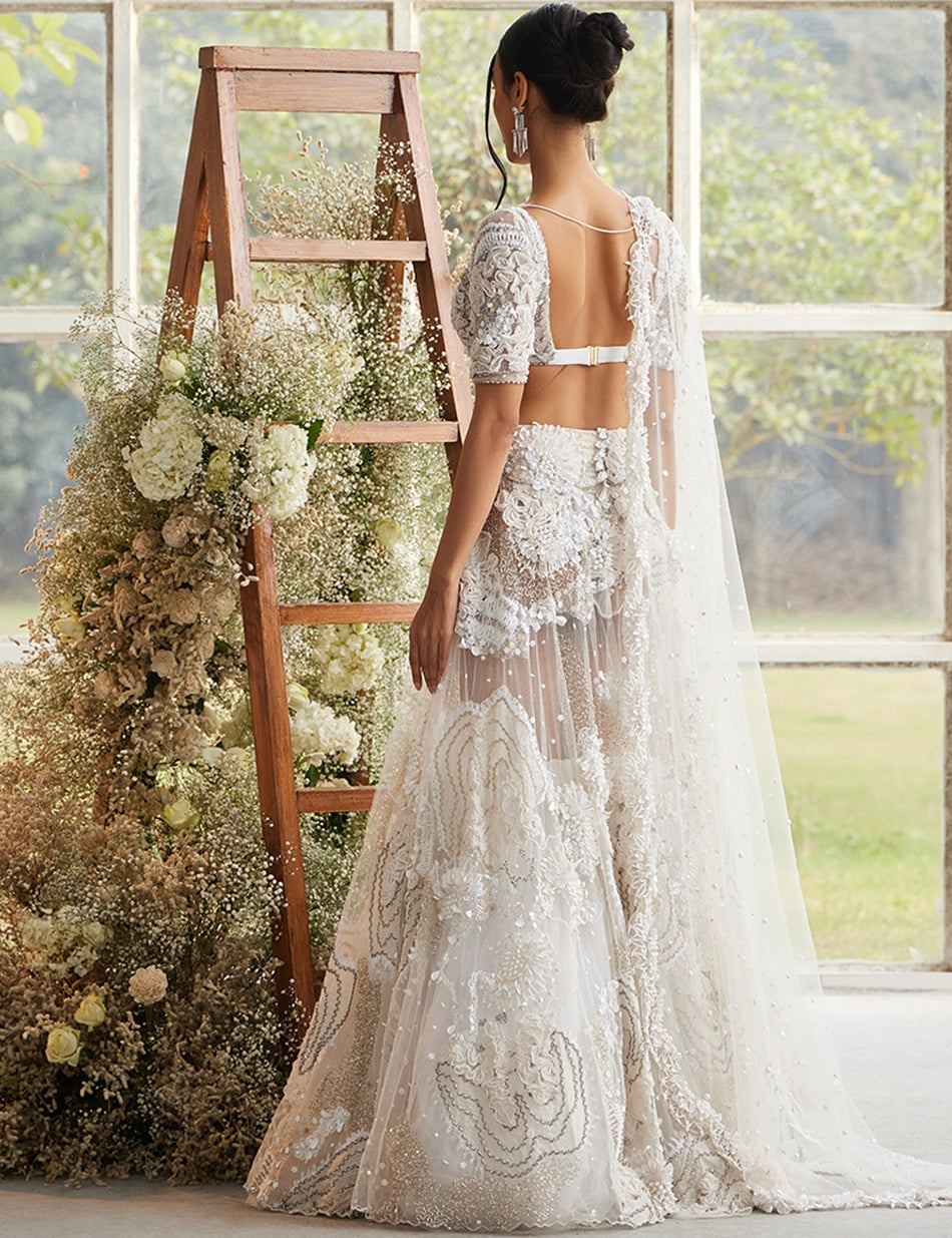 Ecru Iridescent Bloom Lehenga With Pearl Encrusted Veil