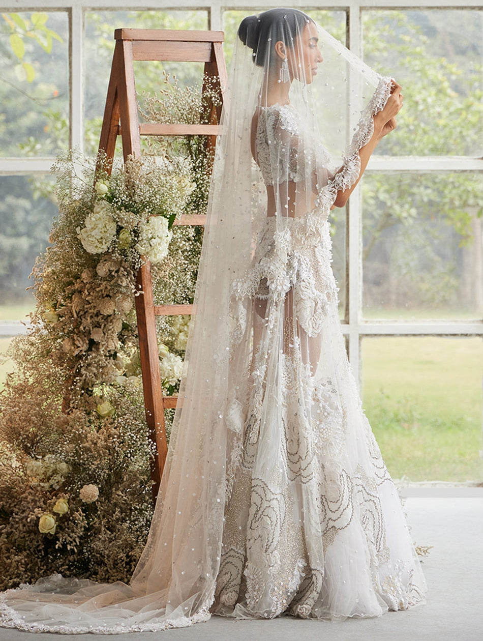 Ecru Iridescent Bloom Lehenga With Pearl Encrusted Veil