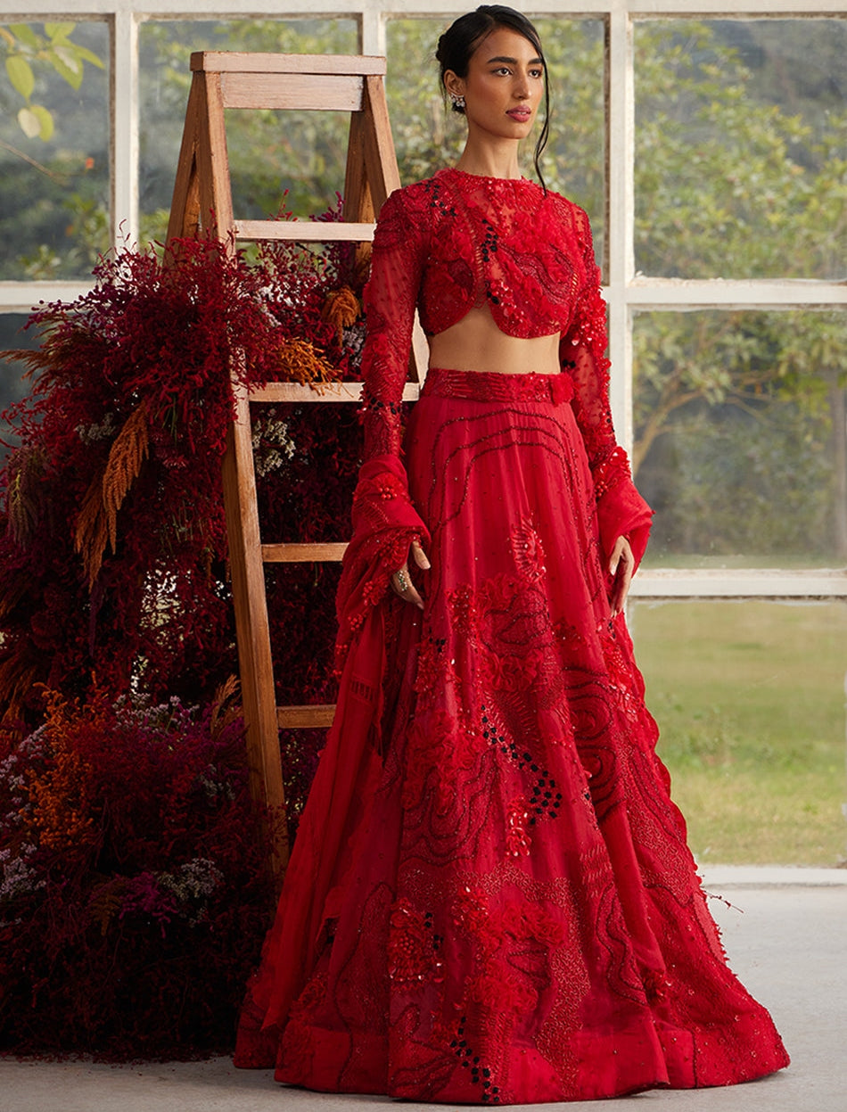 Crimson Glory Lehenga With Embellished Ruffle Veil