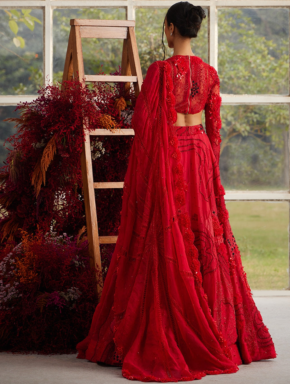 Crimson Glory Lehenga With Embellished Ruffle Veil