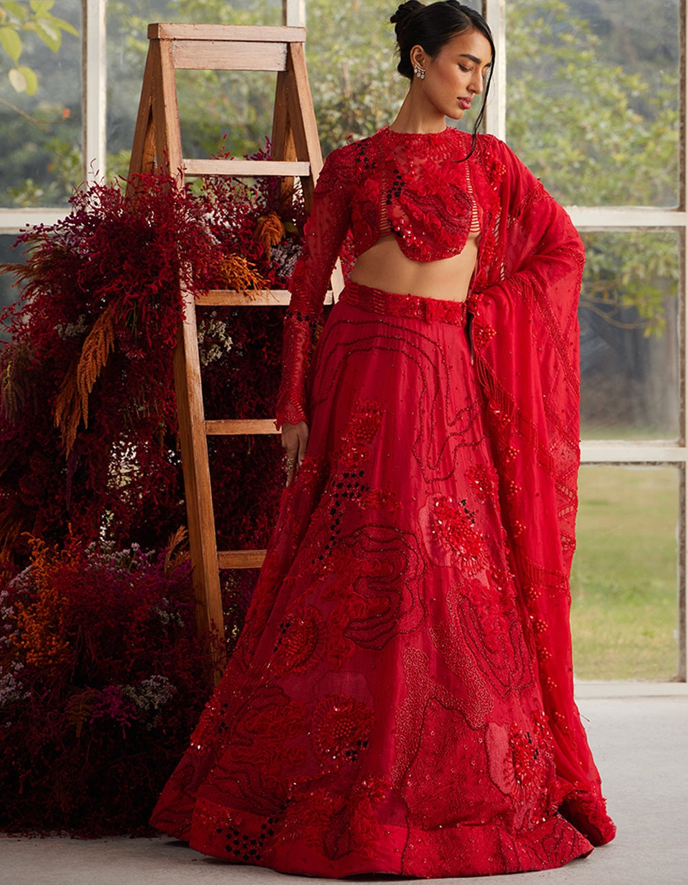 Crimson Glory Lehenga With Embellished Ruffle Veil