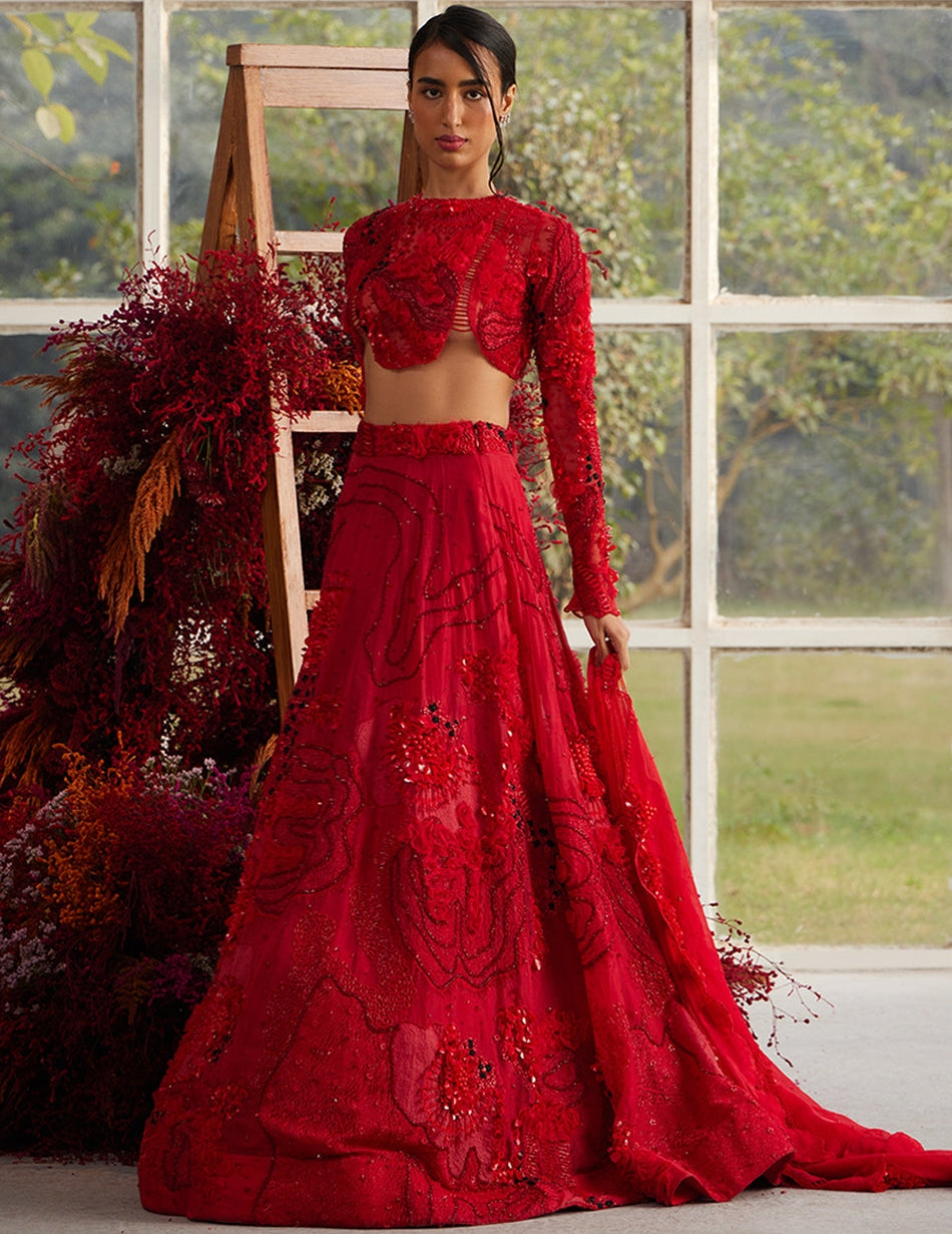 Crimson Glory Lehenga With Embellished Ruffle Veil