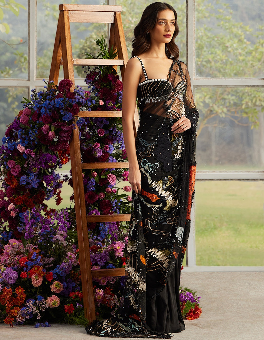 Onyx Rosa Applique Sari With Pearl-Drop Bustier