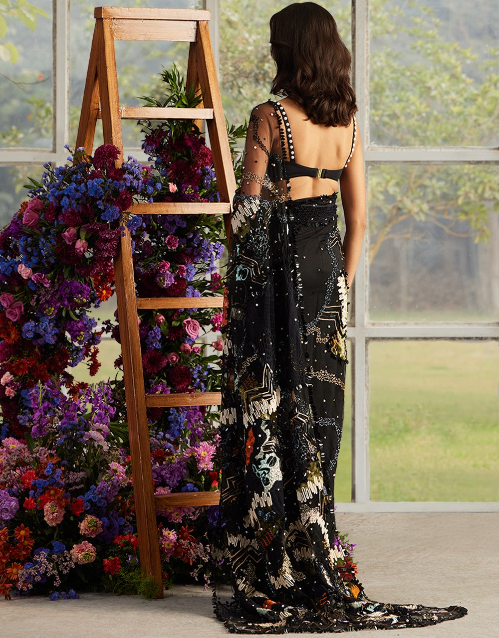 Onyx Rosa Applique Sari With Pearl-Drop Bustier