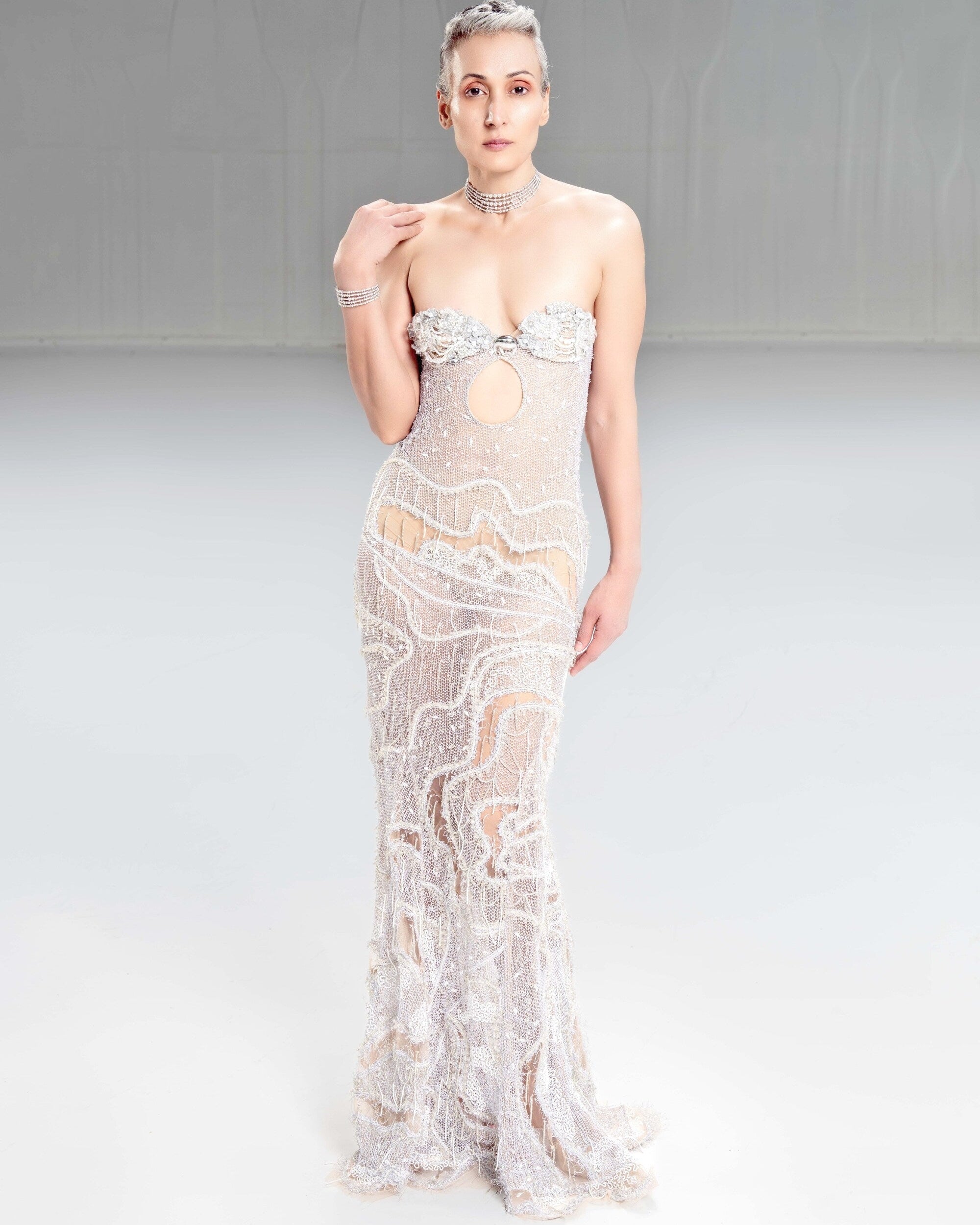 Sterling Ripple Mesh Embellished Gown