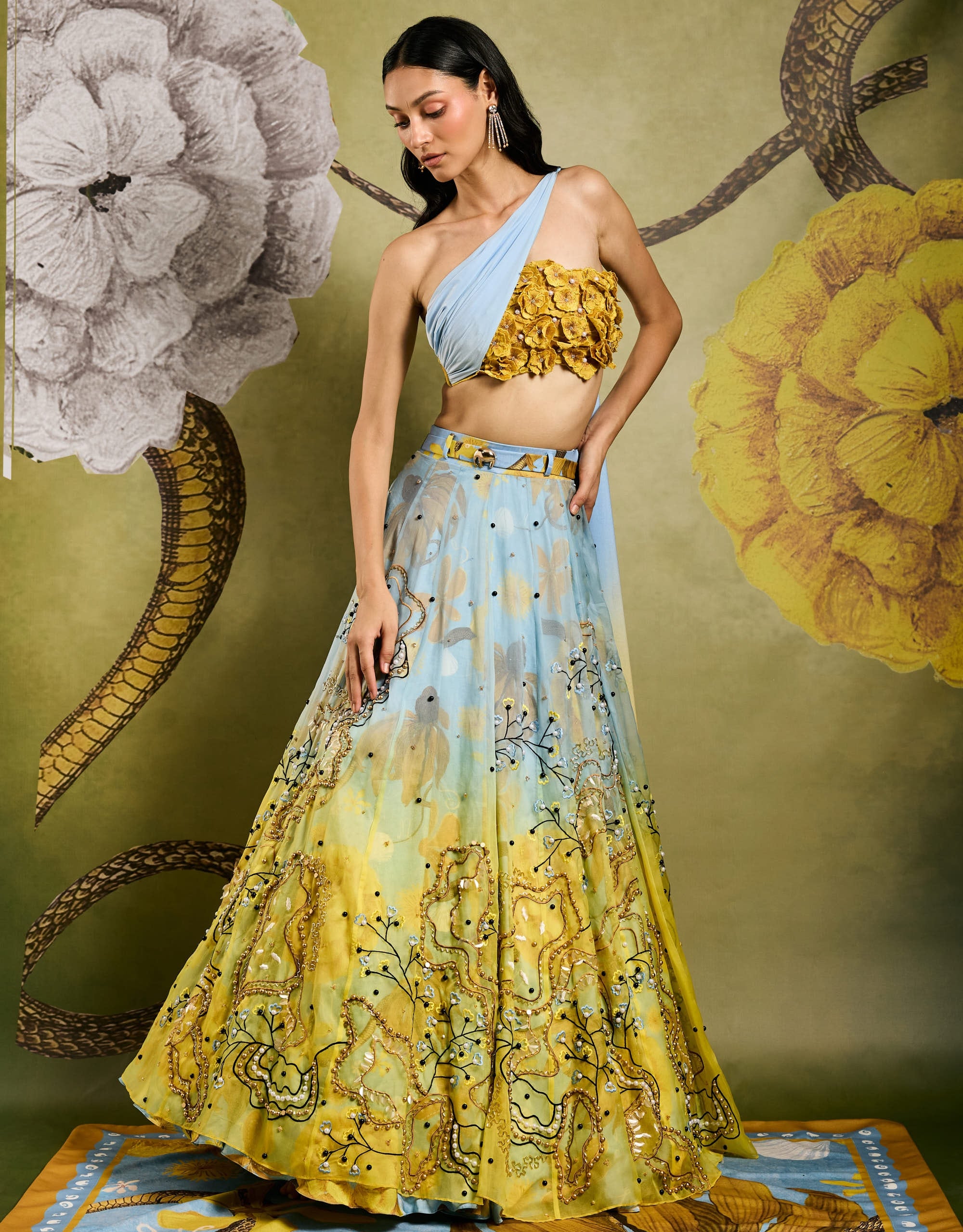 Primordi Ombre Iris Embellished Lehenga With Asymmetrical Iris Blouse