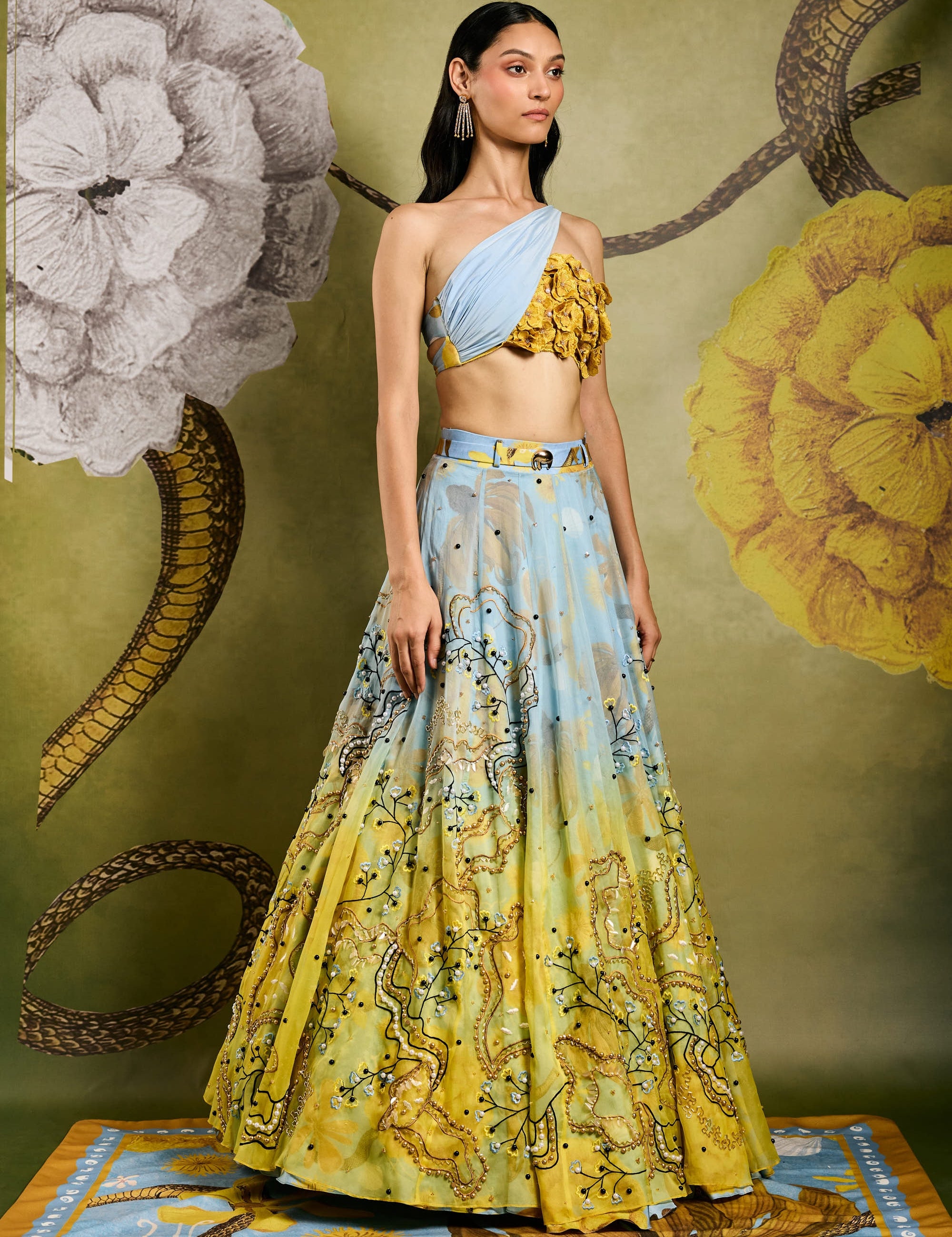Primordi Ombre Iris Embellished Lehenga With Asymmetrical Iris Blouse