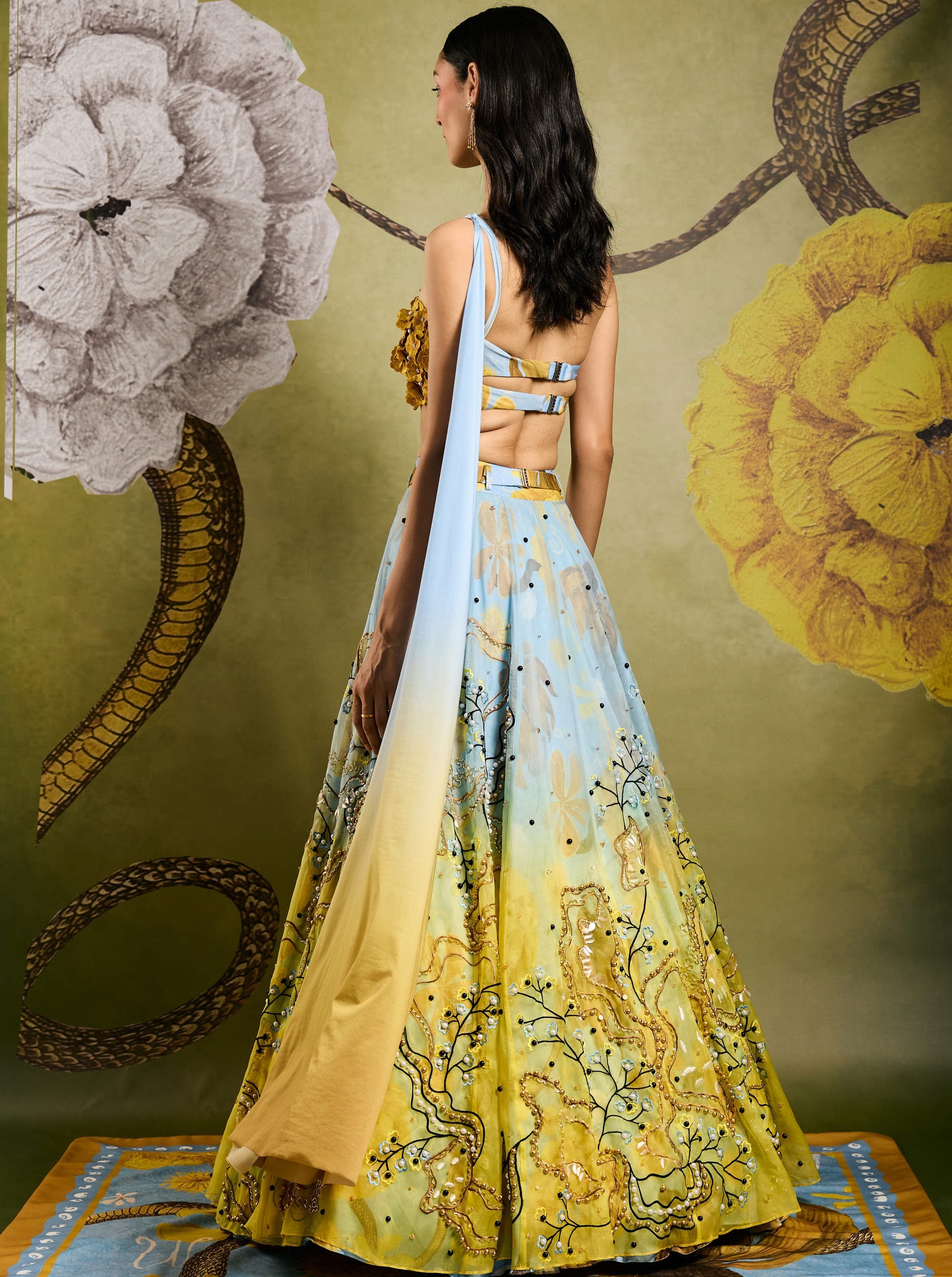 Primordi Ombre Iris Embellished Lehenga With Asymmetrical Iris Blouse