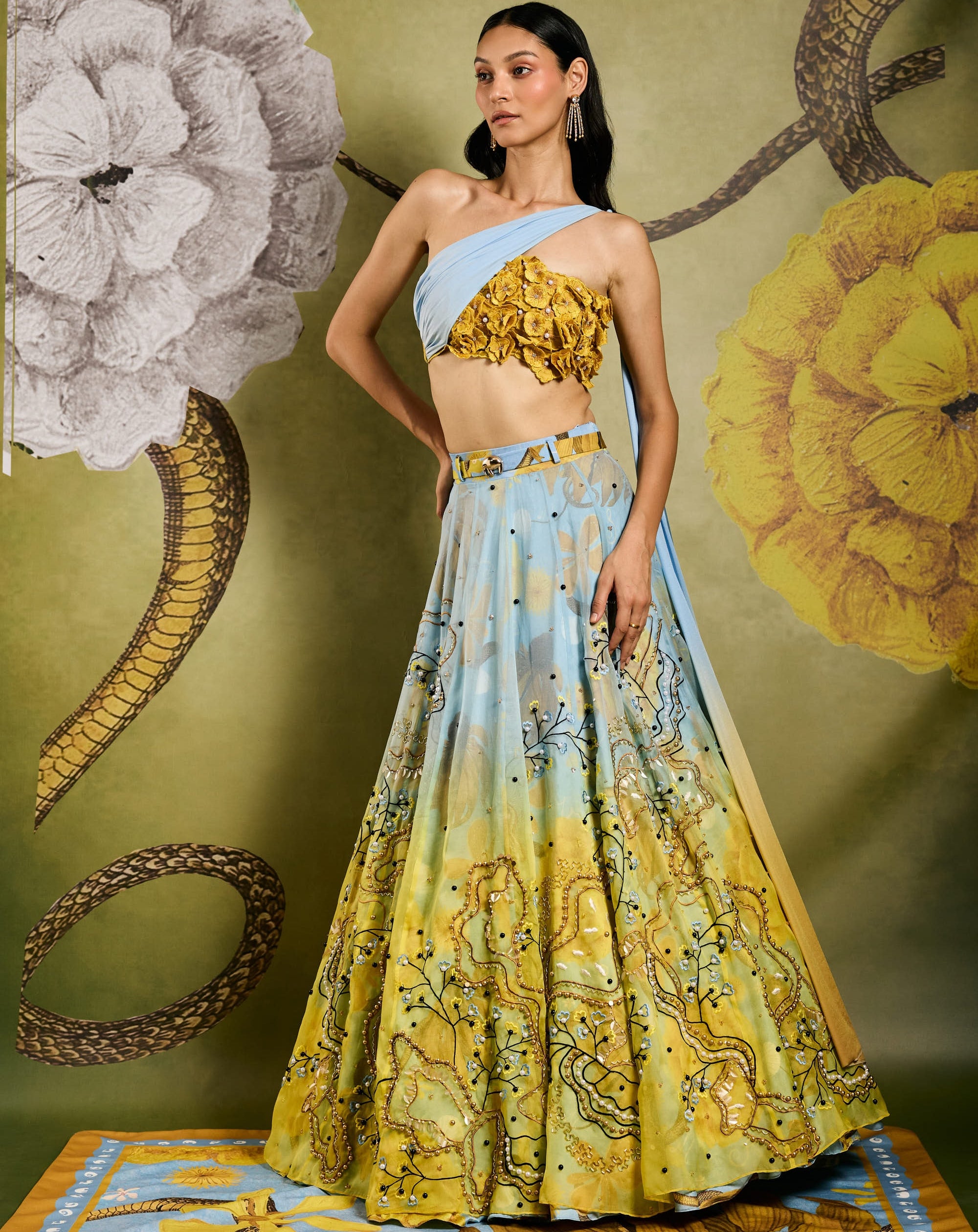 Primordi Ombre Iris Embellished Lehenga With Asymmetrical Iris Blouse