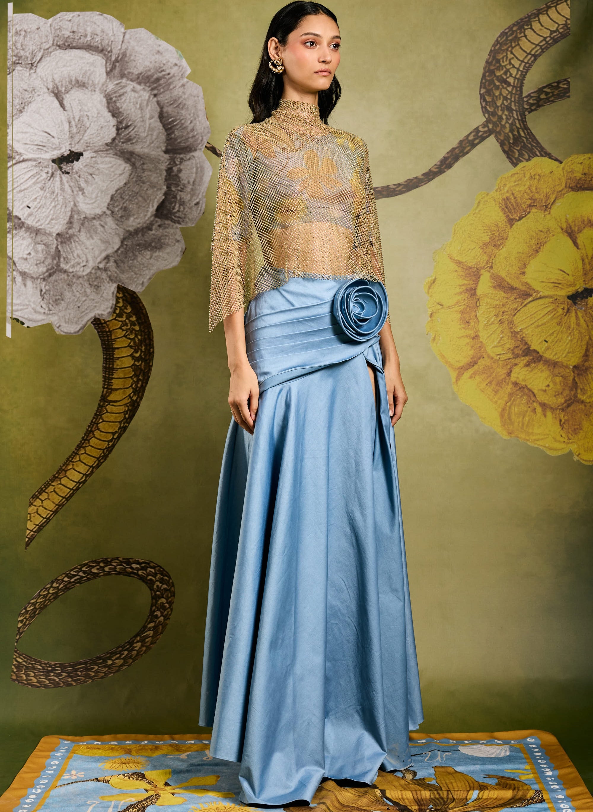Cloud Pleated Floret Skirt With Crys Mesh Bustier
