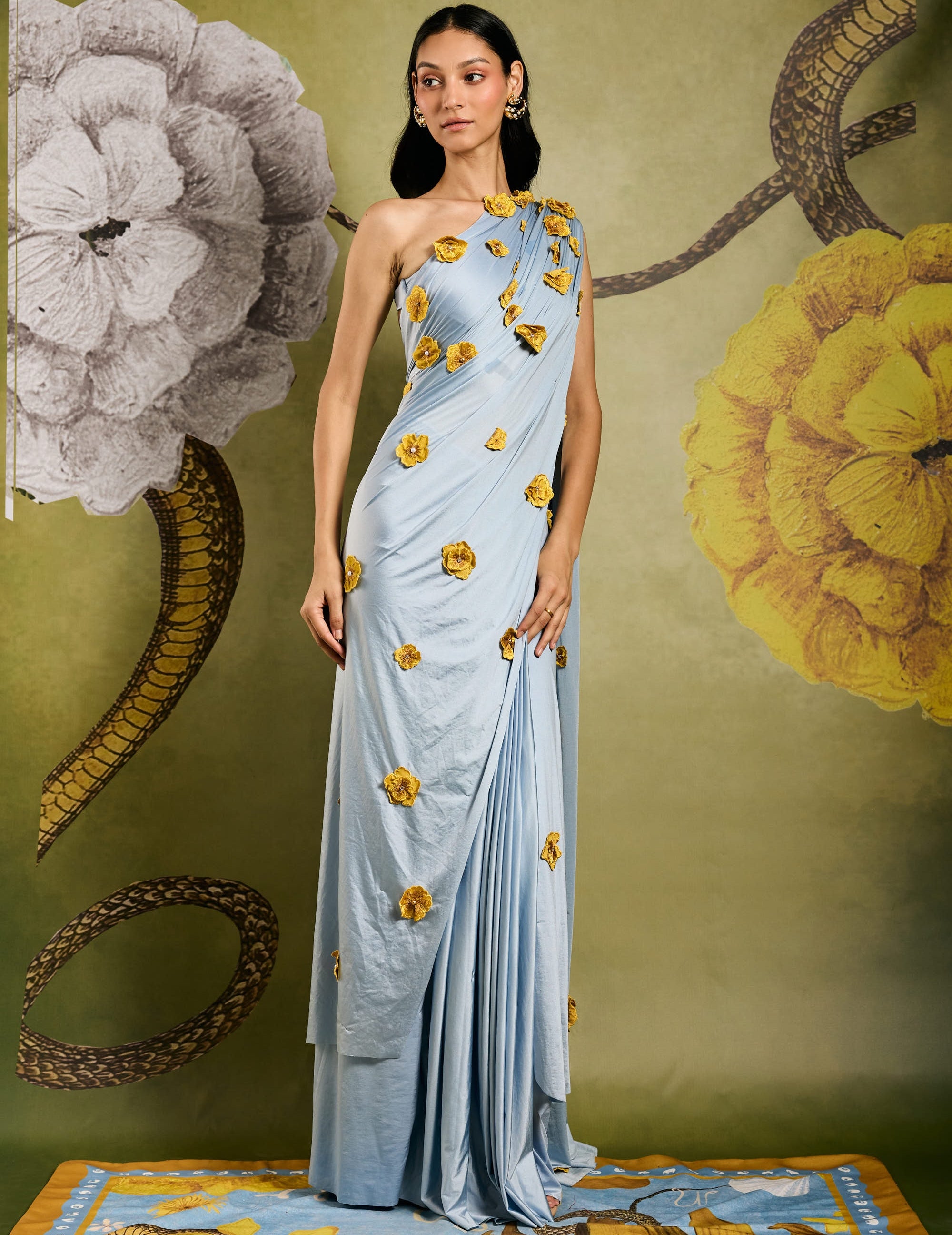Cloud Iris Skein Tailored Ruched Sari With Blouse