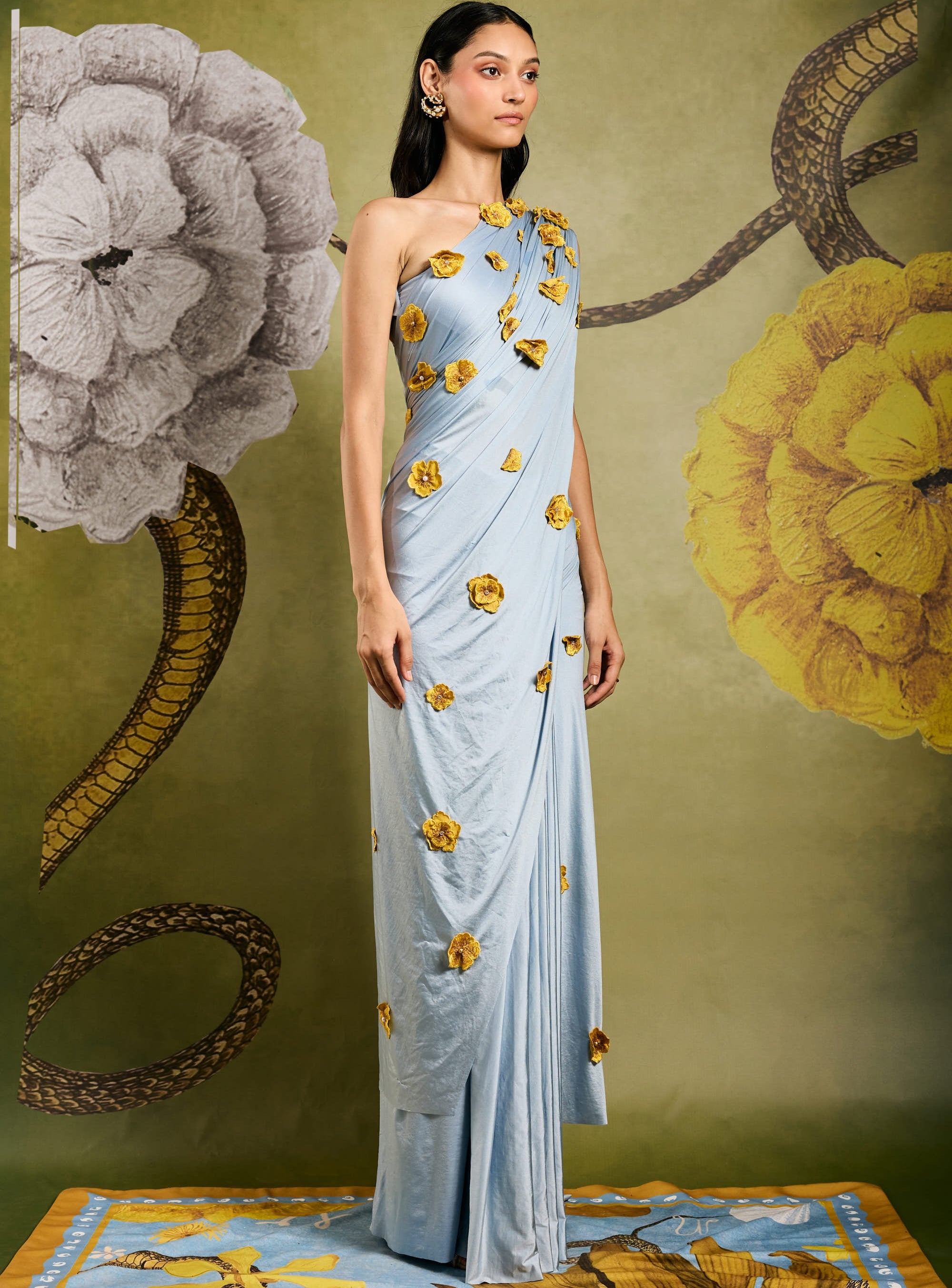 Cloud Iris Skein Tailored Ruched Sari With Blouse