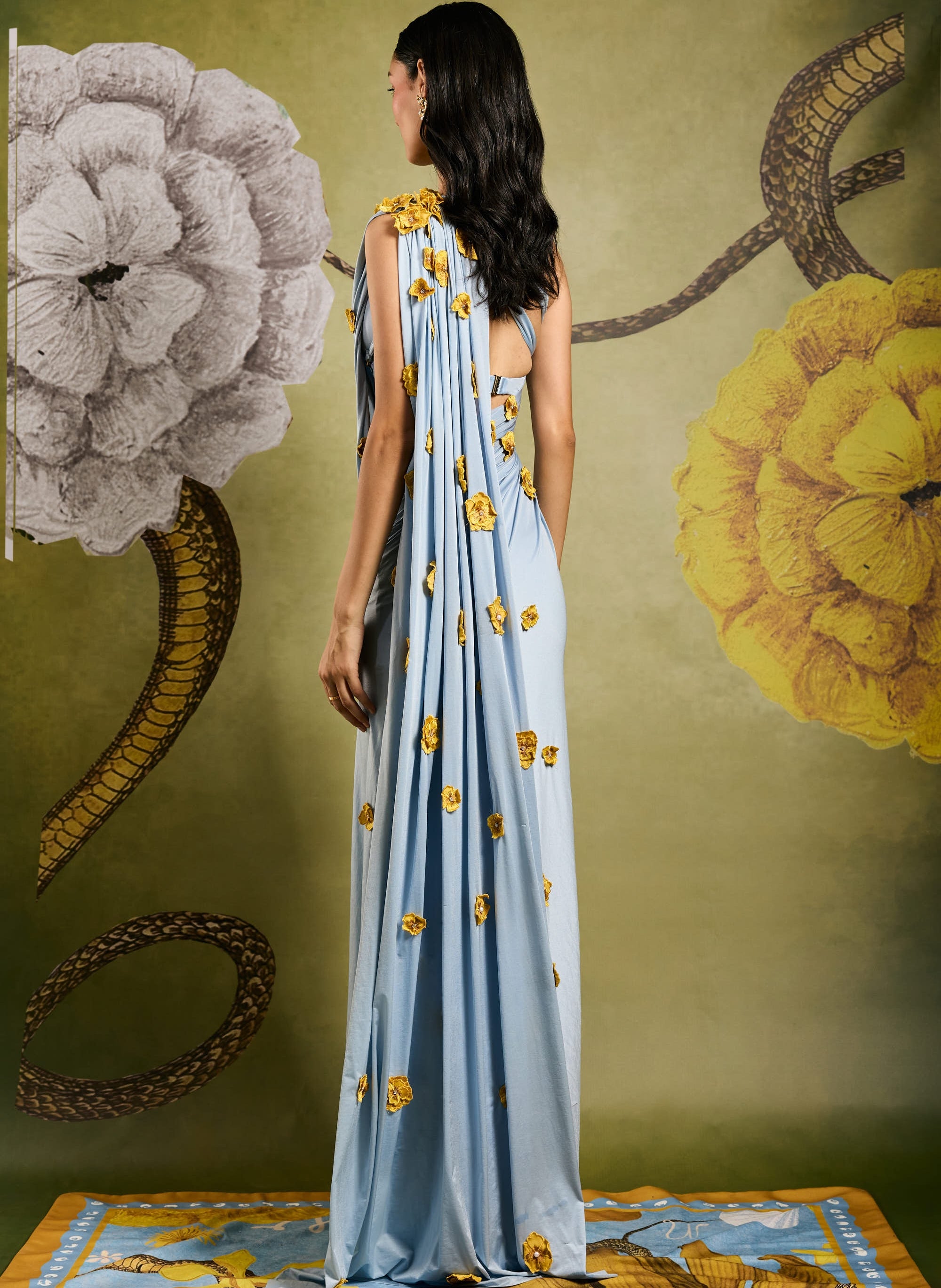 Cloud Iris Skein Tailored Ruched Sari With Blouse