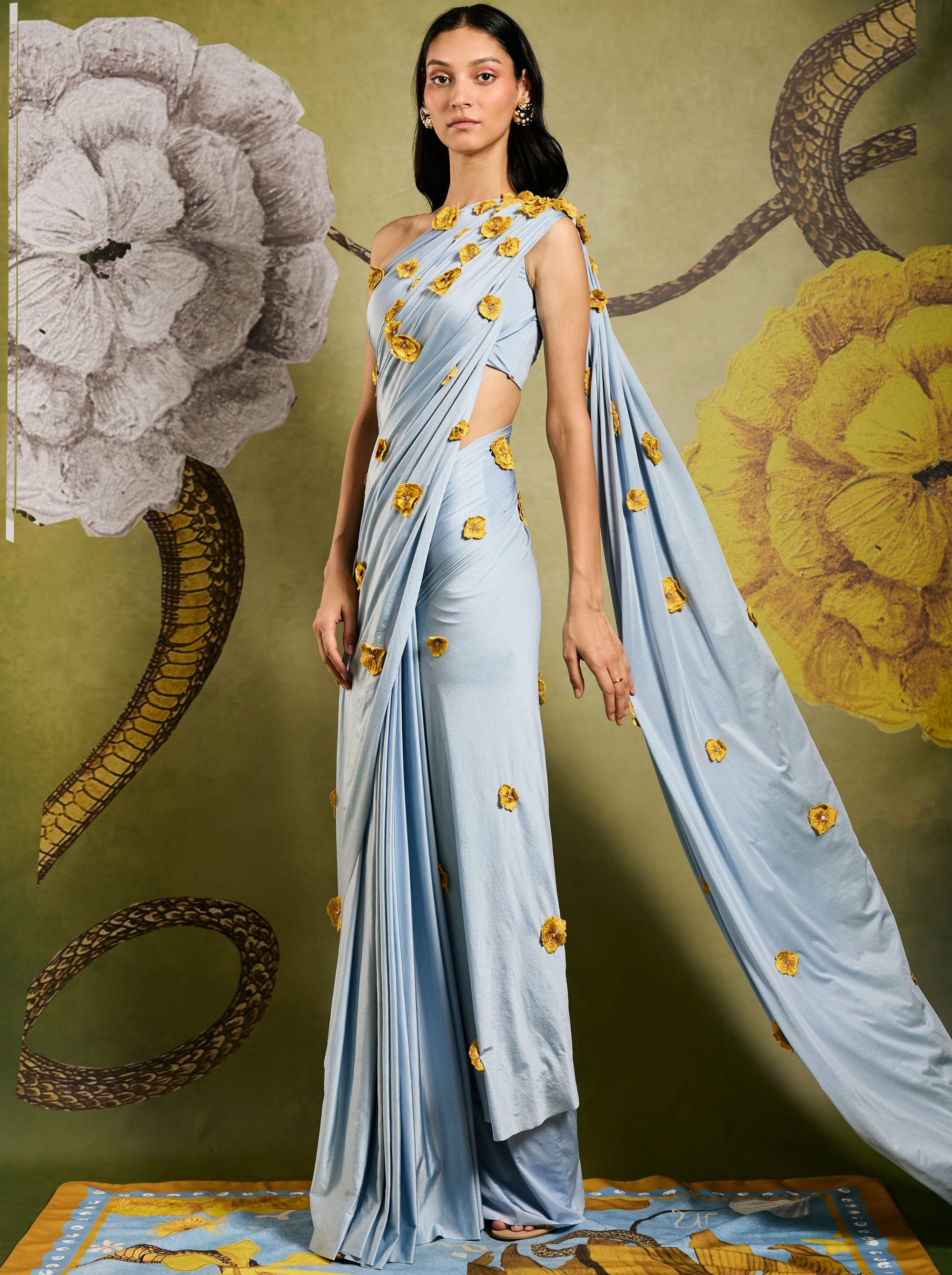 Cloud Iris Skein Tailored Ruched Sari With Blouse