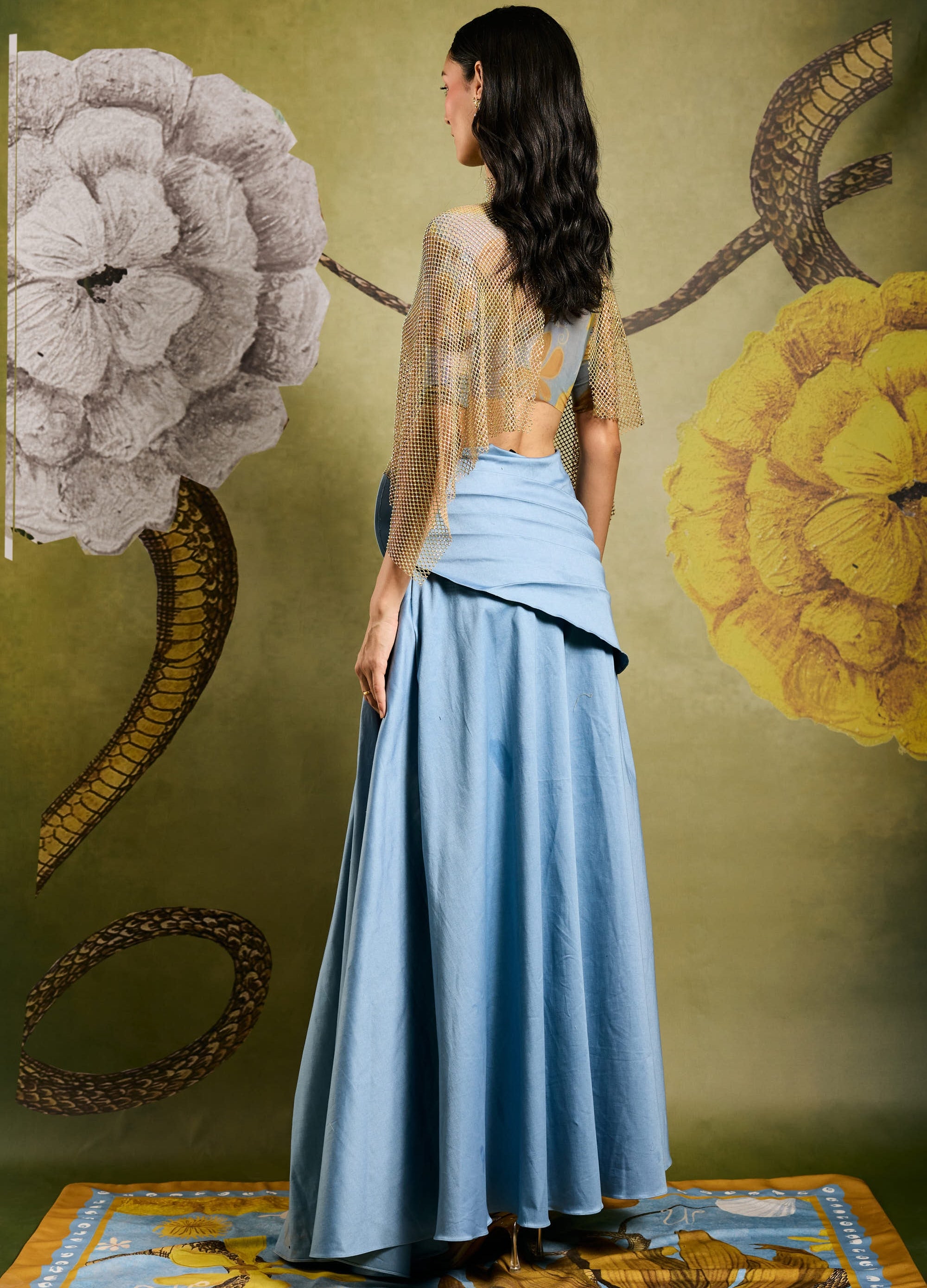 Cloud Pleated Floret Skirt With Crys Mesh Bustier