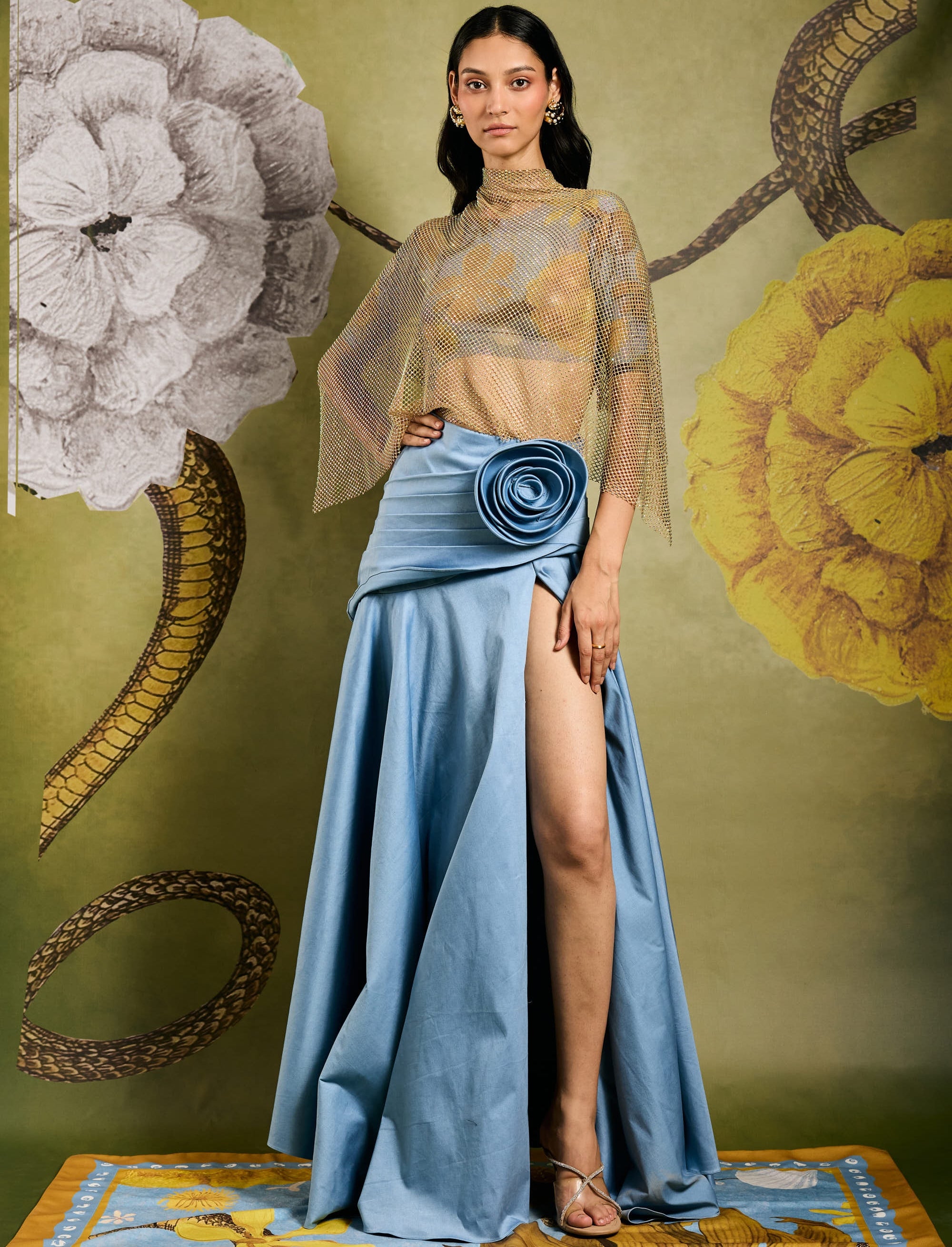 Cloud Pleated Floret Skirt With Crys Mesh Bustier