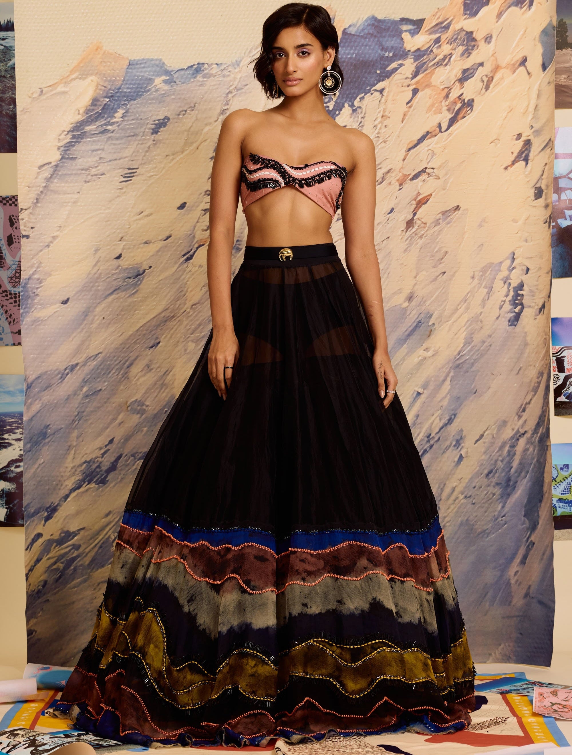 Noir Strokes Beaded Lehenga With Embellished Bustier