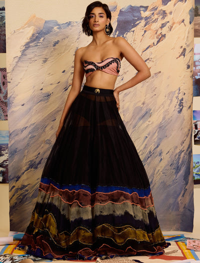 Noir Strokes Beaded Lehenga With Embellished Bustier