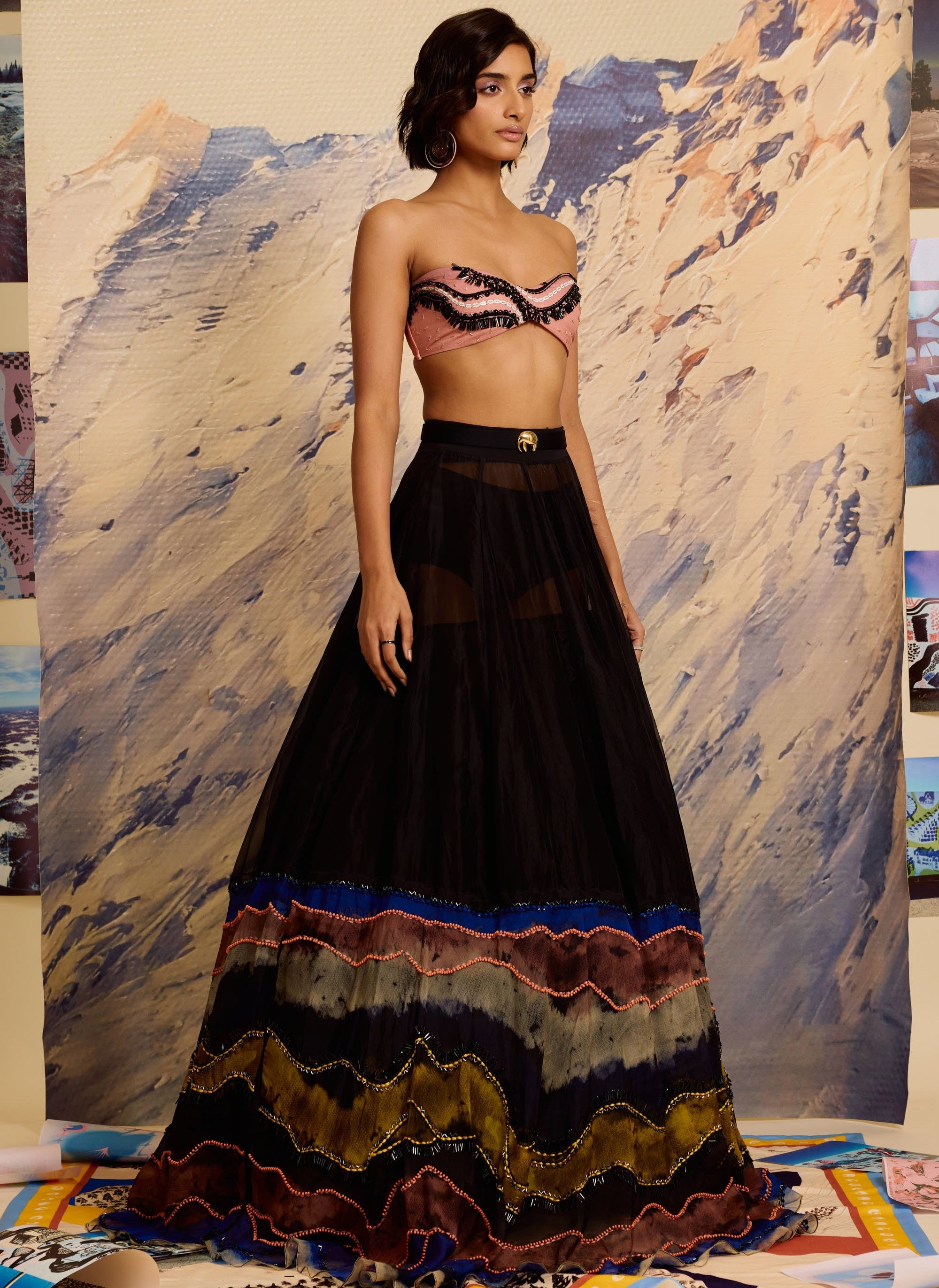 Noir Strokes Beaded Lehenga With Embellished Bustier