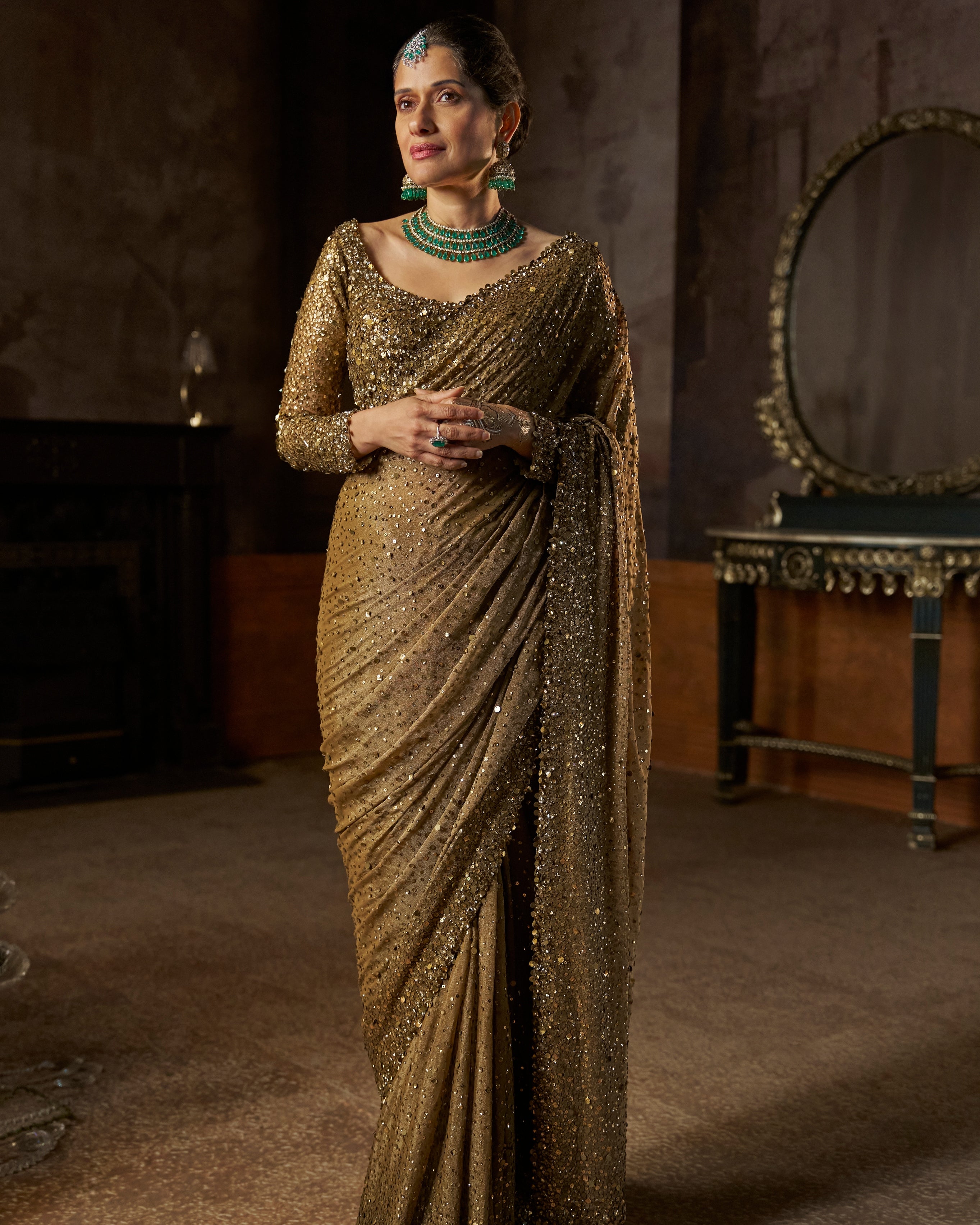 Antique Gold Georgette Sequin Sari