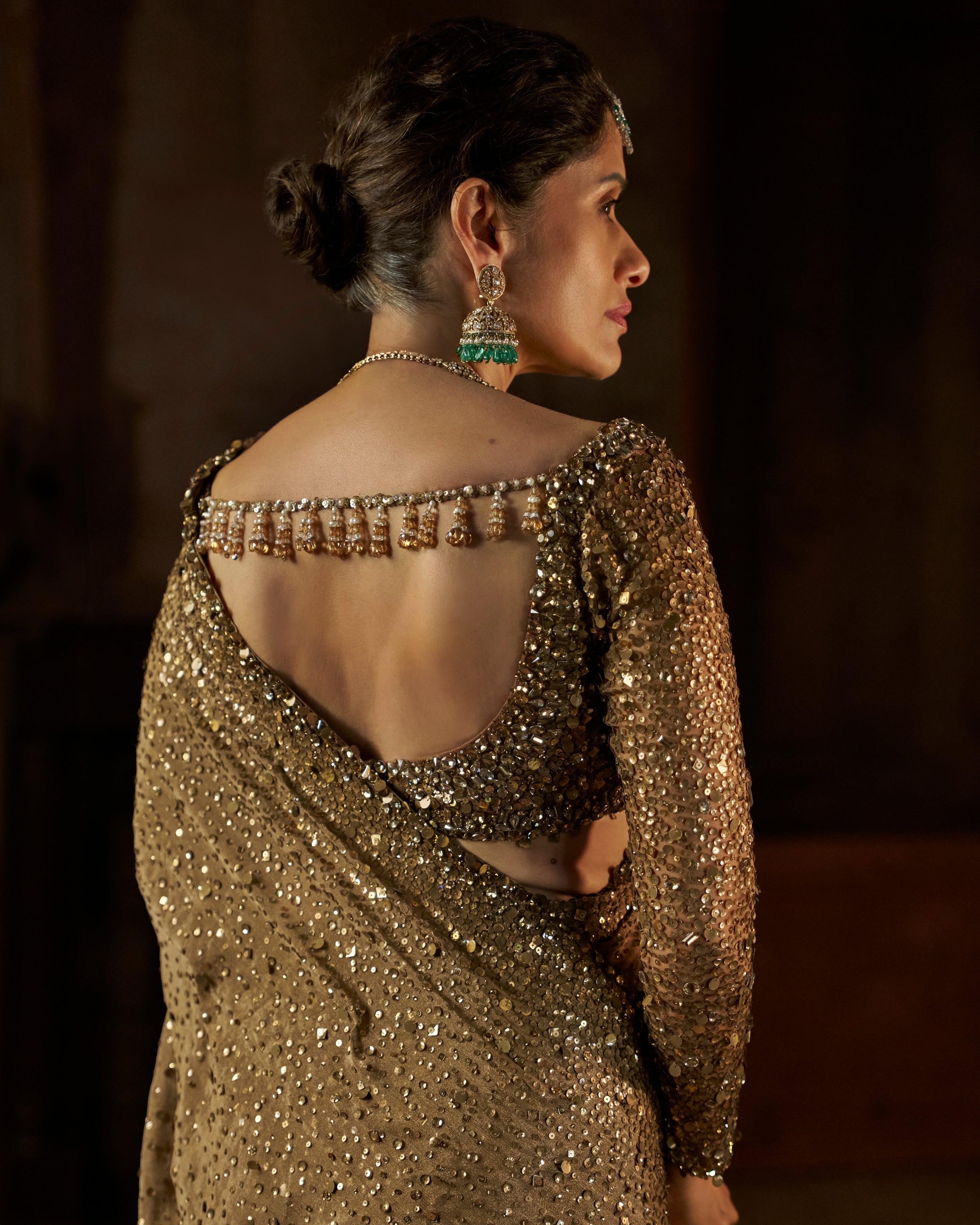 Antique Gold Georgette Sequin Sari