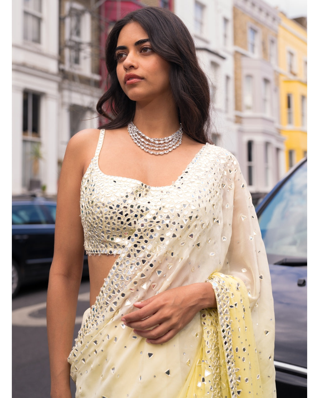 Ombre Lemon Mirror Work Sari Set