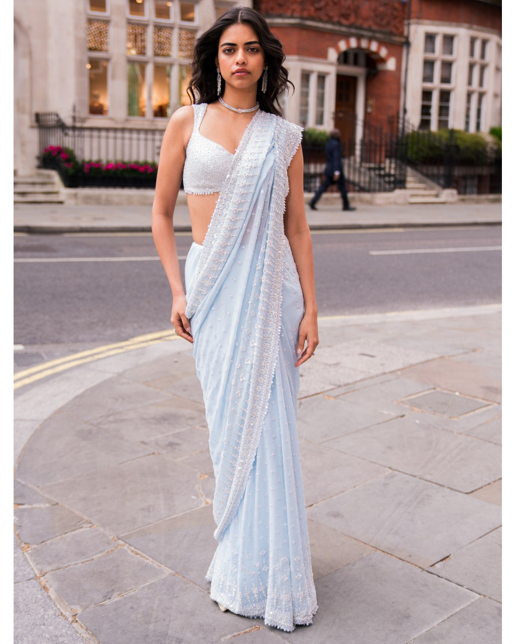 Powder Blue Ombre Sequin Sari Set