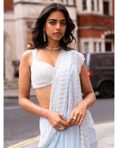 Powder Blue Ombre Sequin Sari Set