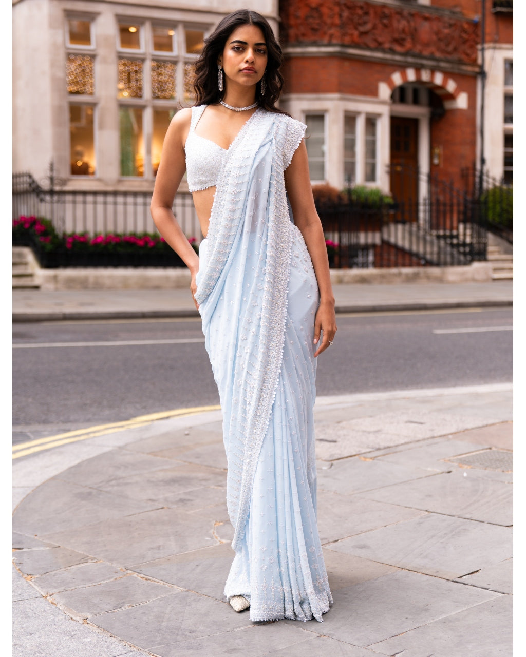 Powder Blue Ombre Sequin Sari Set